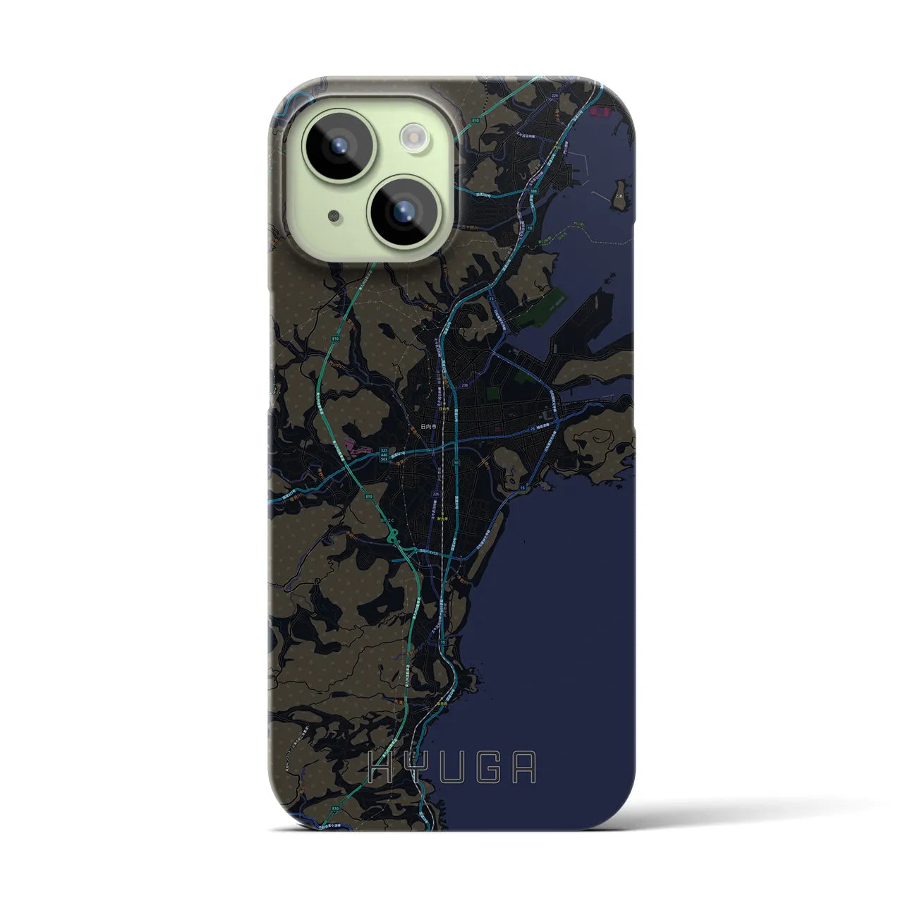 【日向】地図柄iPhoneケース（バックカバータイプ・ブラック）iPhone 15 用