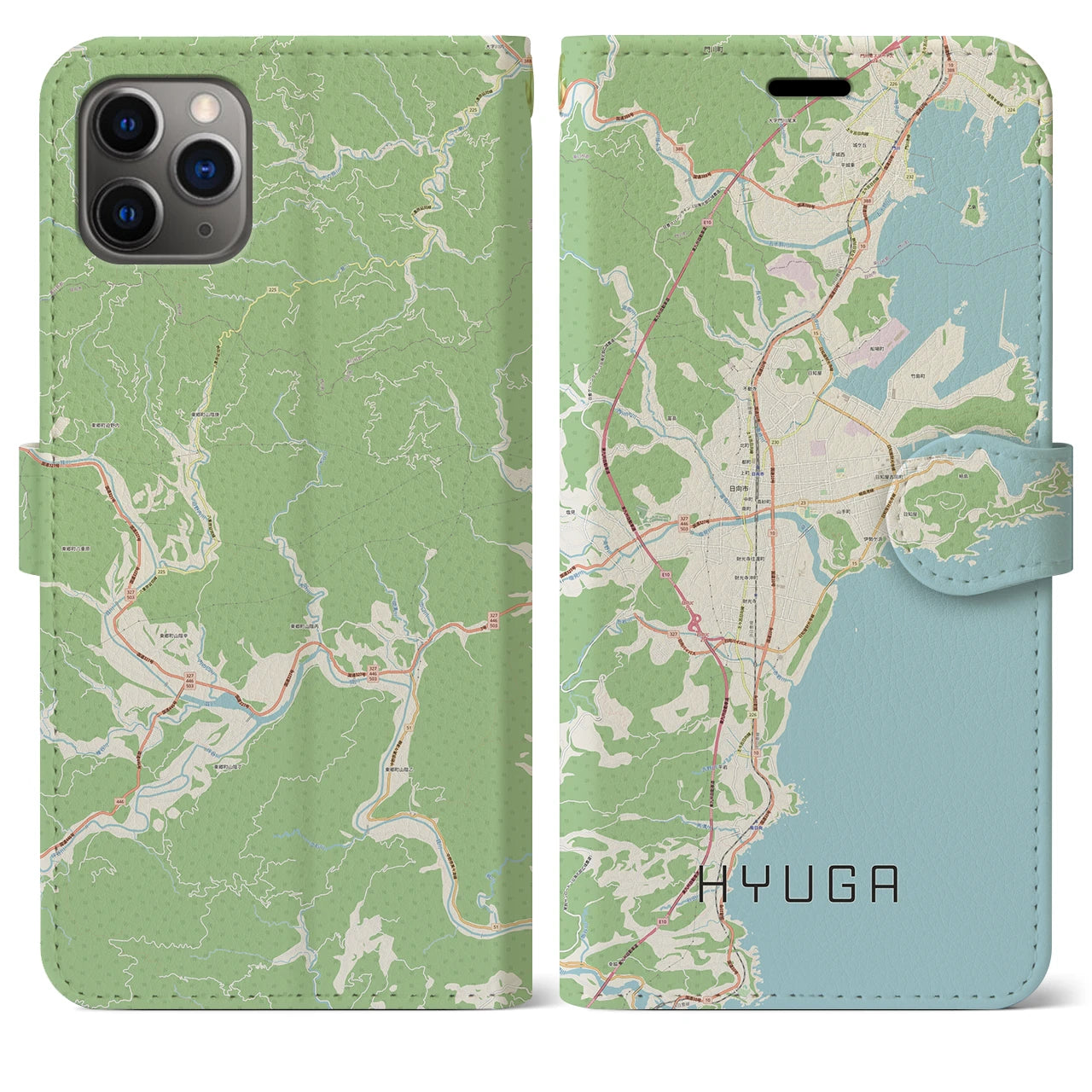 【日向】地図柄iPhoneケース（手帳両面タイプ・ナチュラル）iPhone 11 Pro Max 用