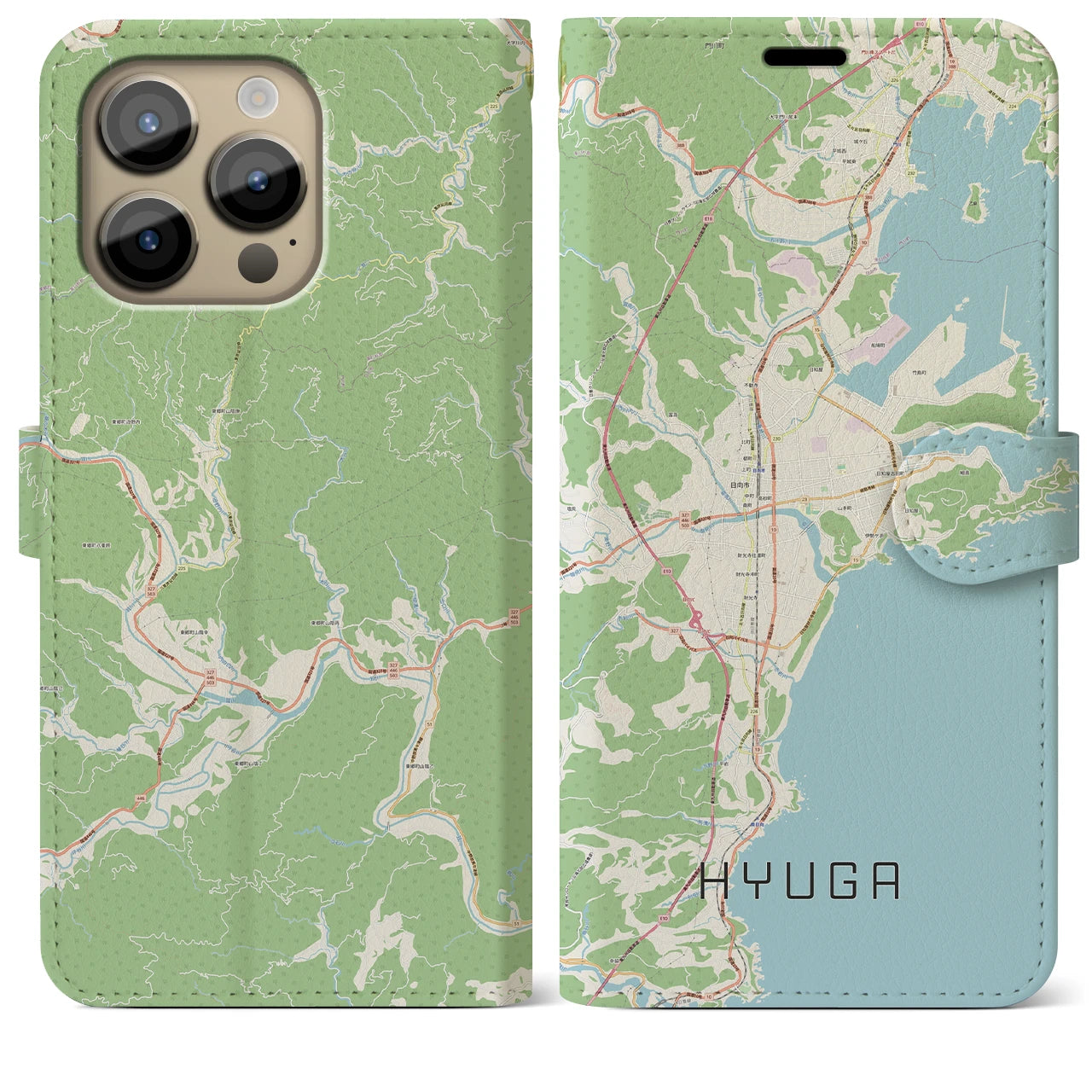 【日向】地図柄iPhoneケース（手帳両面タイプ・ナチュラル）iPhone 14 Pro Max 用