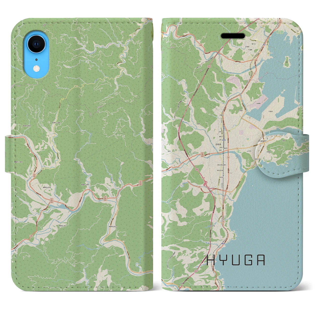 【日向】地図柄iPhoneケース（手帳両面タイプ・ナチュラル）iPhone XR 用
