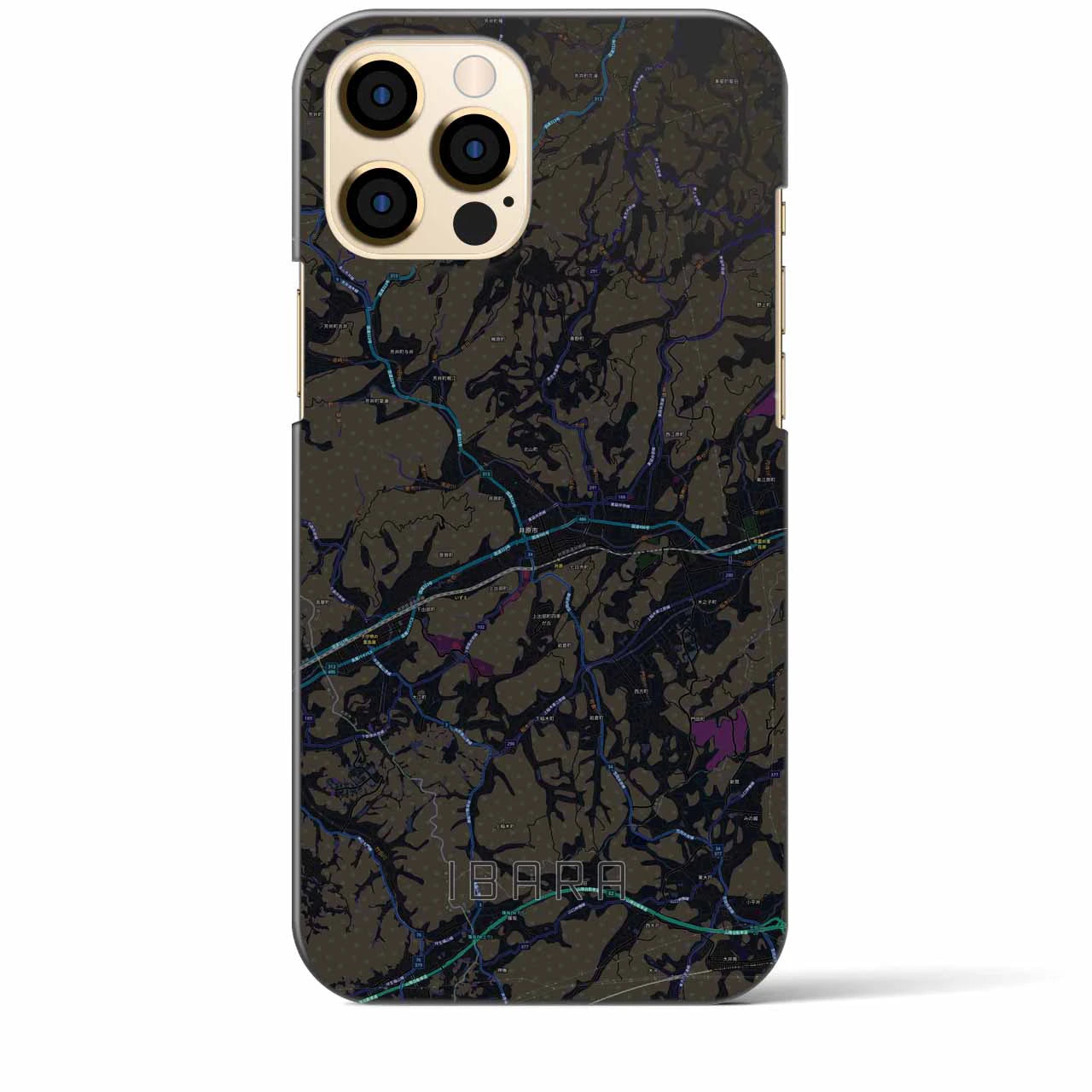 【井原】地図柄iPhoneケース（バックカバータイプ・ブラック）iPhone 12 Pro Max 用