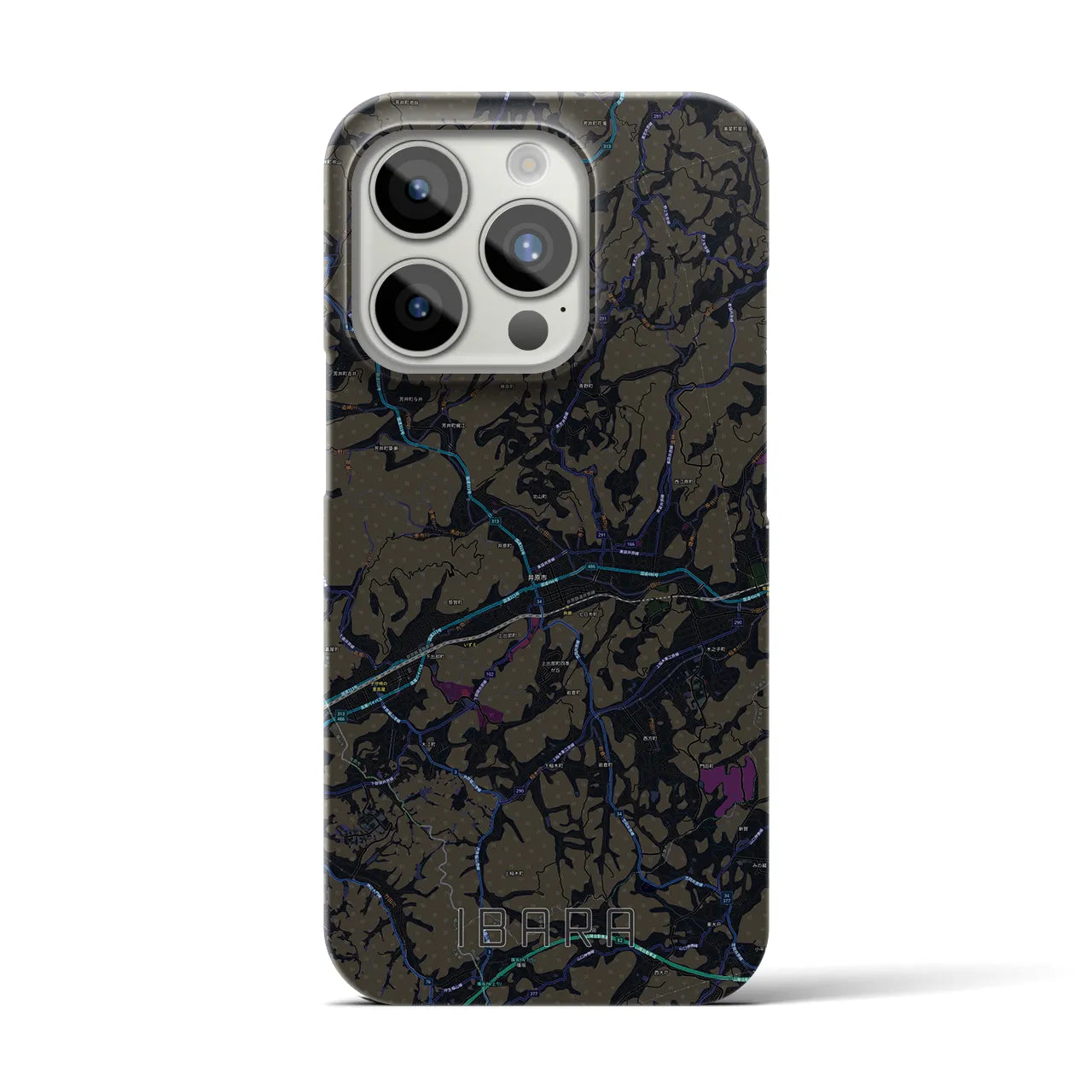 【井原】地図柄iPhoneケース（バックカバータイプ・ブラック）iPhone 15 Pro 用