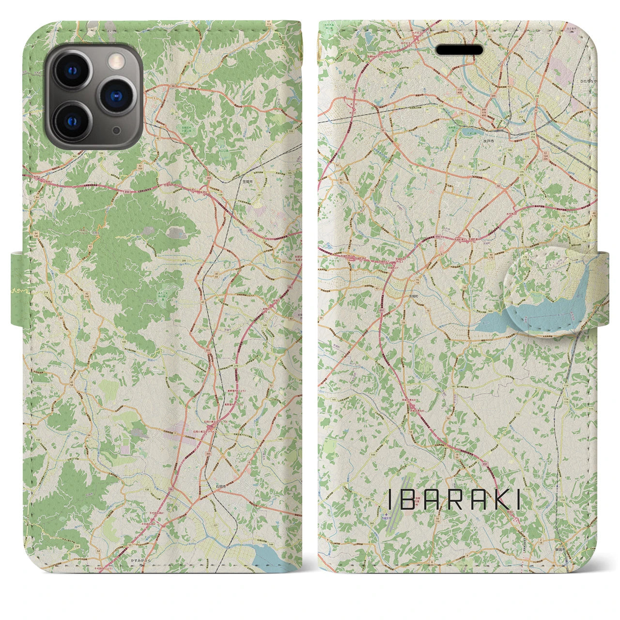 【茨城】地図柄iPhoneケース（手帳両面タイプ・ナチュラル）iPhone 11 Pro Max 用