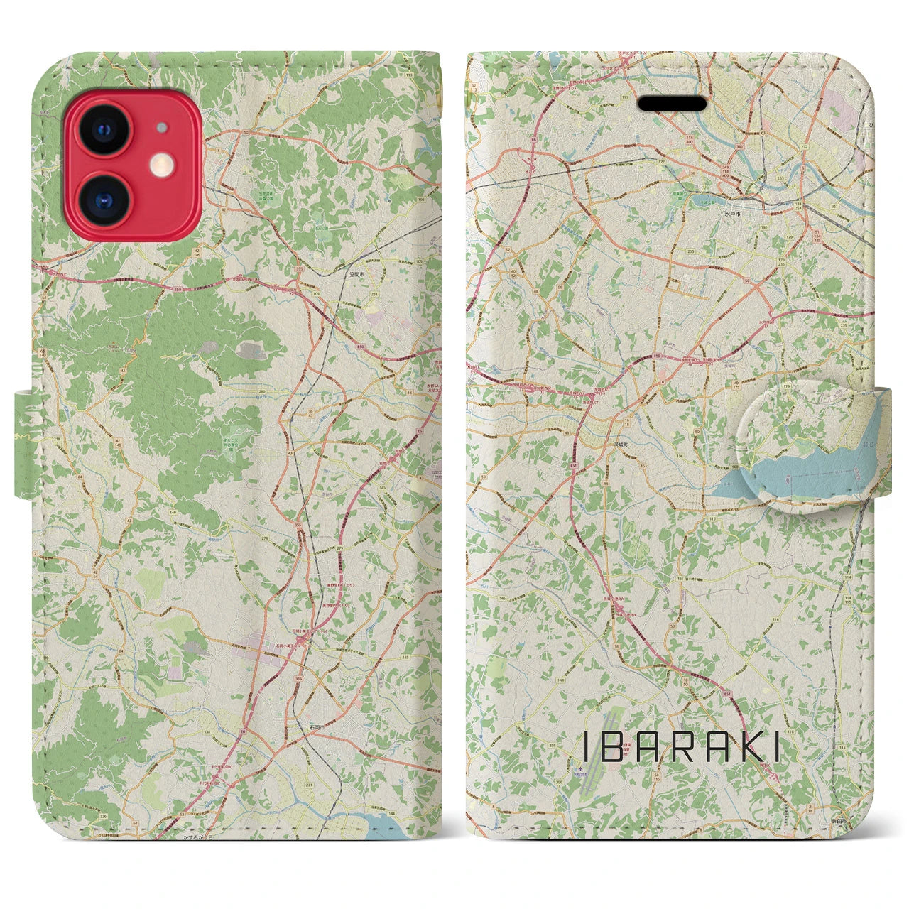 【茨城】地図柄iPhoneケース（手帳両面タイプ・ナチュラル）iPhone 11 用
