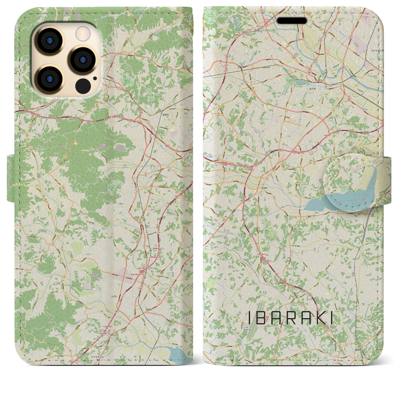 【茨城】地図柄iPhoneケース（手帳両面タイプ・ナチュラル）iPhone 12 Pro Max 用