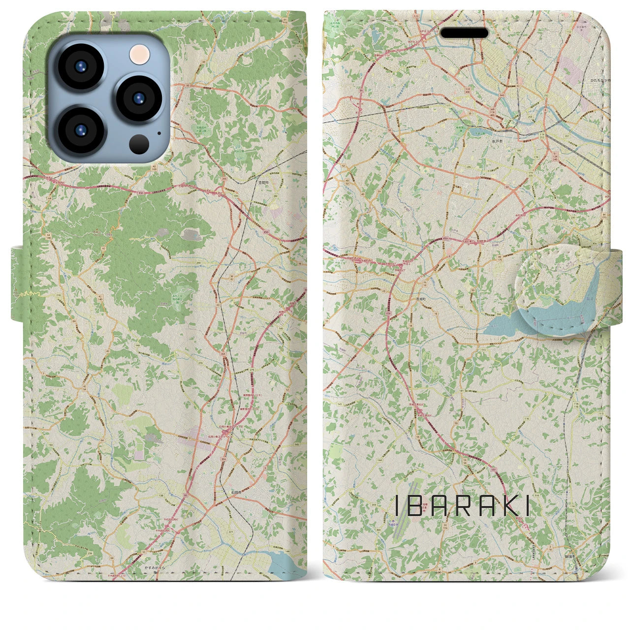 【茨城】地図柄iPhoneケース（手帳両面タイプ・ナチュラル）iPhone 13 Pro Max 用