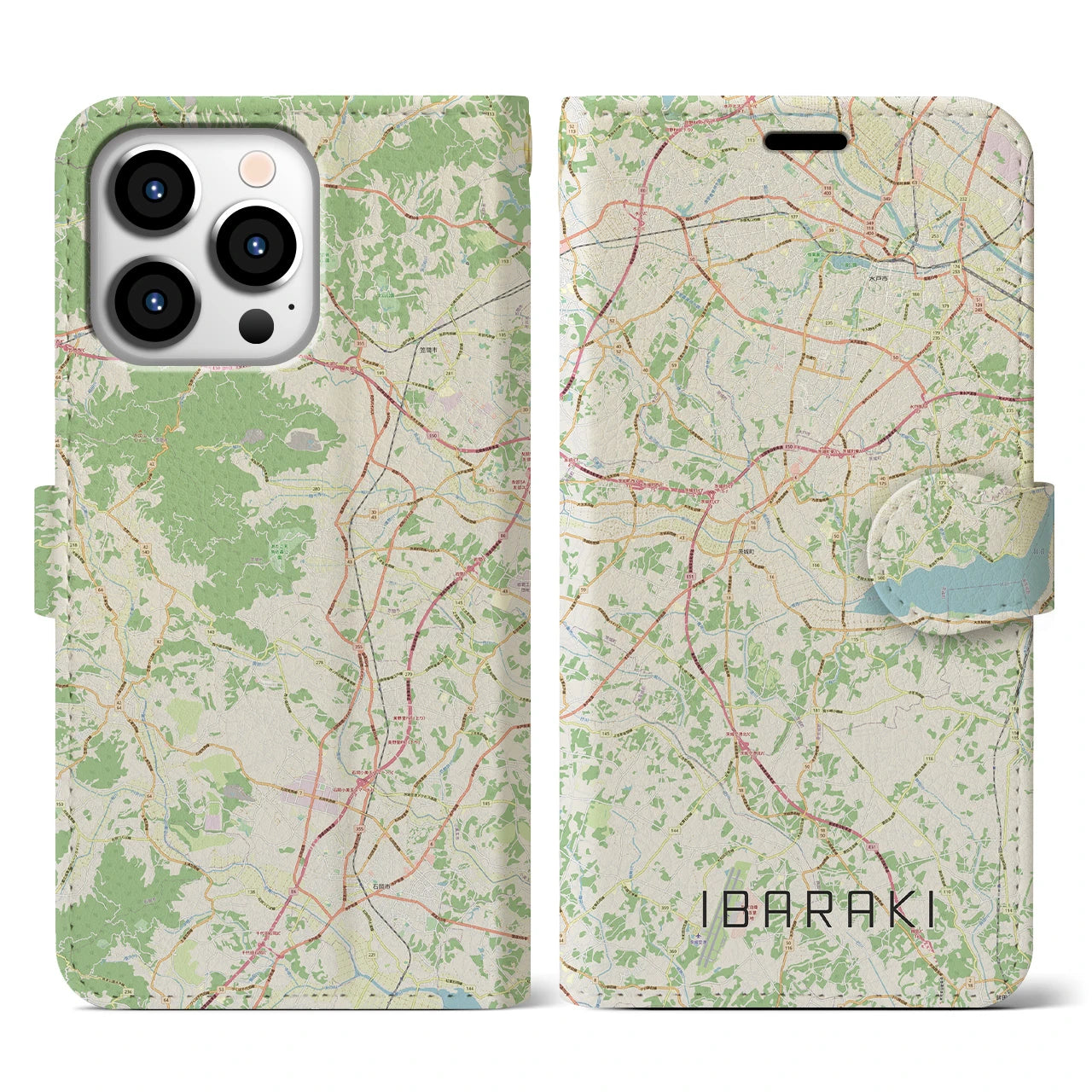 【茨城】地図柄iPhoneケース（手帳両面タイプ・ナチュラル）iPhone 13 Pro 用