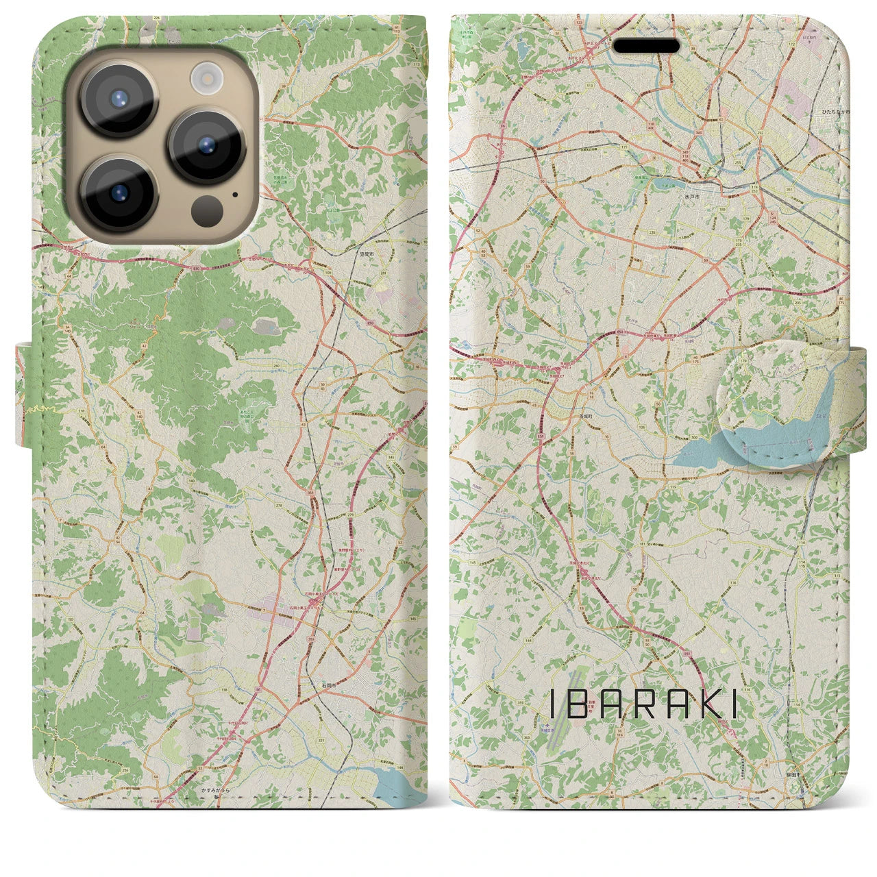 【茨城】地図柄iPhoneケース（手帳両面タイプ・ナチュラル）iPhone 14 Pro Max 用