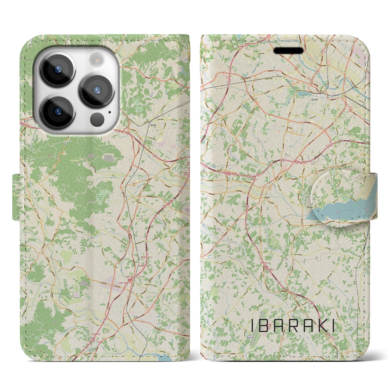 【茨城】地図柄iPhoneケース（手帳両面タイプ・ナチュラル）iPhone 14 Pro 用