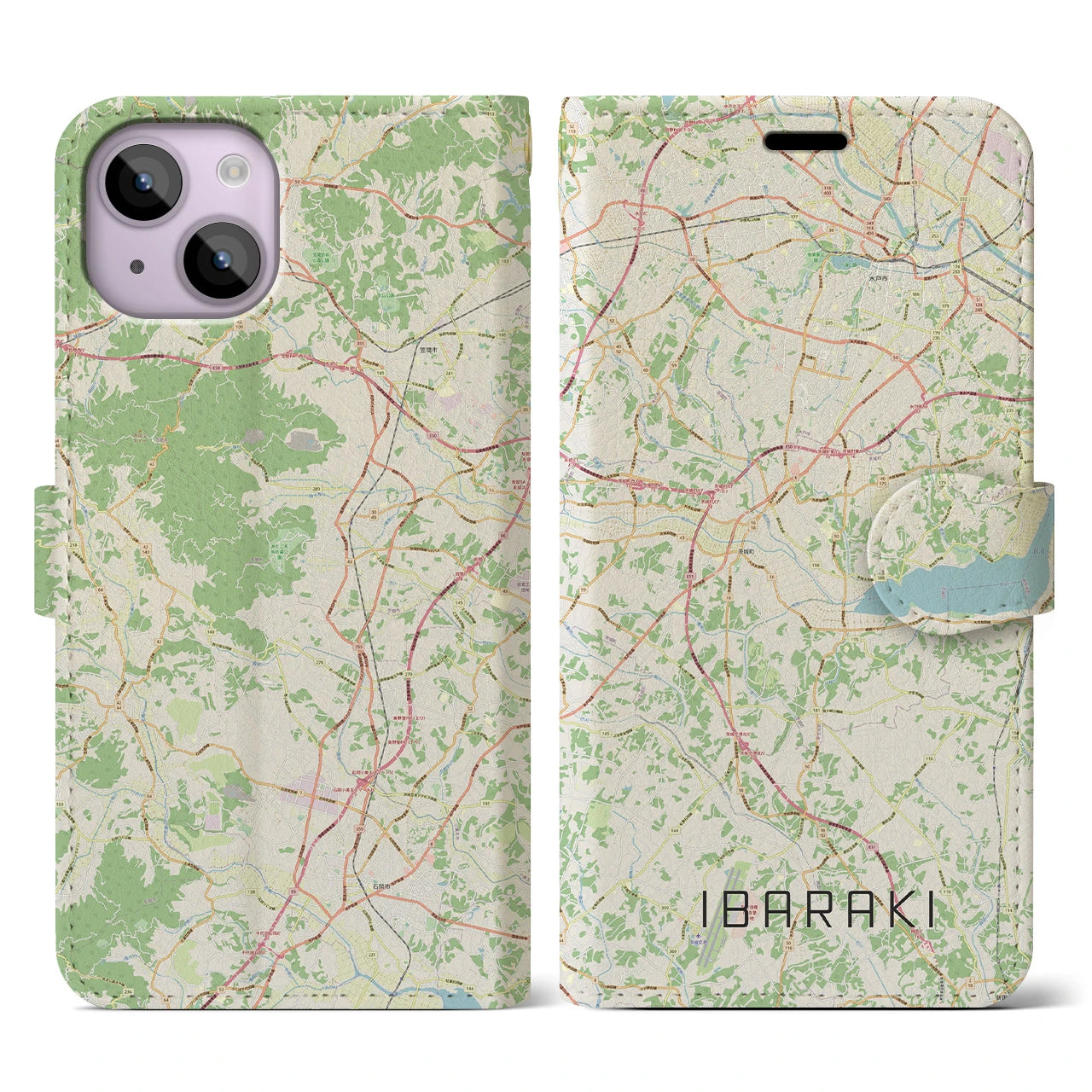 【茨城】地図柄iPhoneケース（手帳両面タイプ・ナチュラル）iPhone 14 用