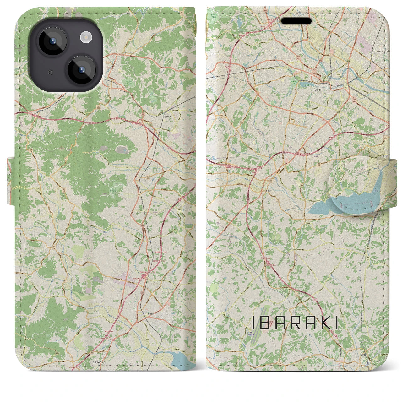 【茨城】地図柄iPhoneケース（手帳両面タイプ・ナチュラル）iPhone 14 Plus 用