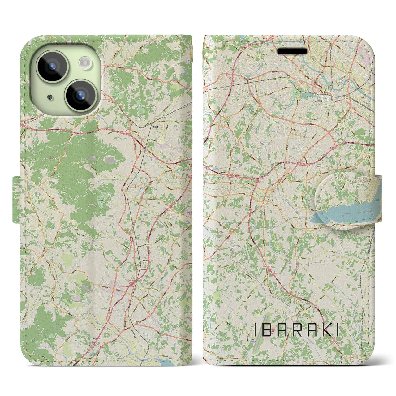 【茨城】地図柄iPhoneケース（手帳両面タイプ・ナチュラル）iPhone 15 用