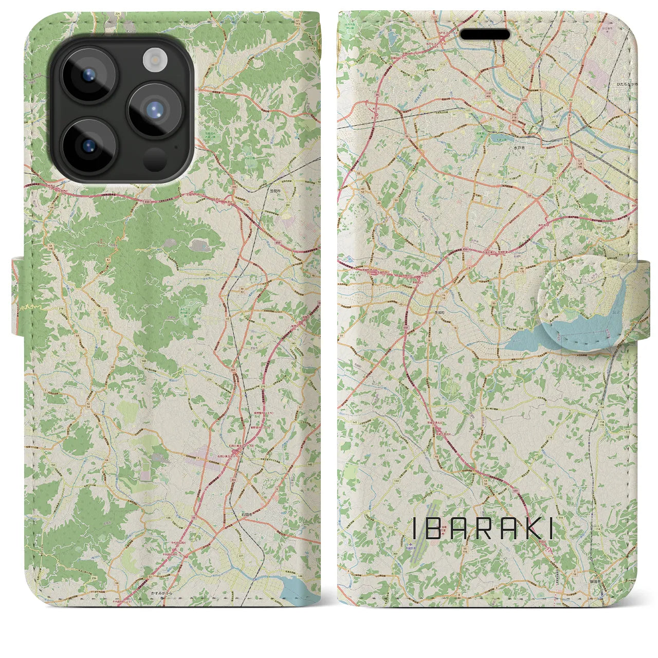 【茨城】地図柄iPhoneケース（手帳両面タイプ・ナチュラル）iPhone 15 Pro Max 用