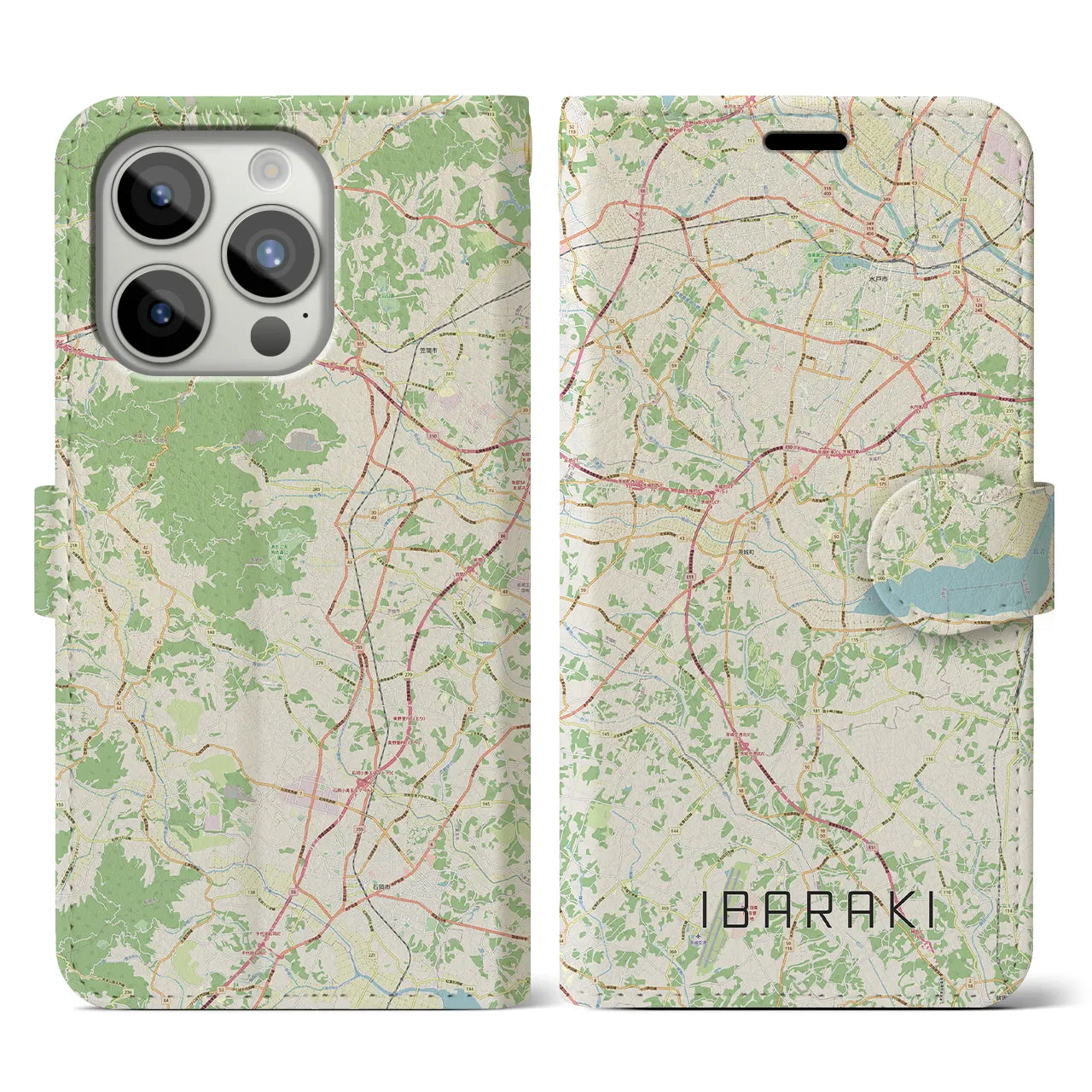 【茨城】地図柄iPhoneケース（手帳両面タイプ・ナチュラル）iPhone 15 Pro 用