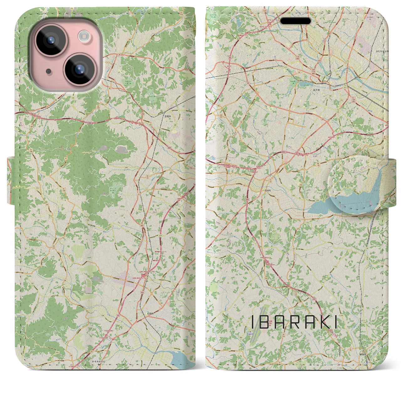 【茨城】地図柄iPhoneケース（手帳両面タイプ・ナチュラル）iPhone 15 Plus 用