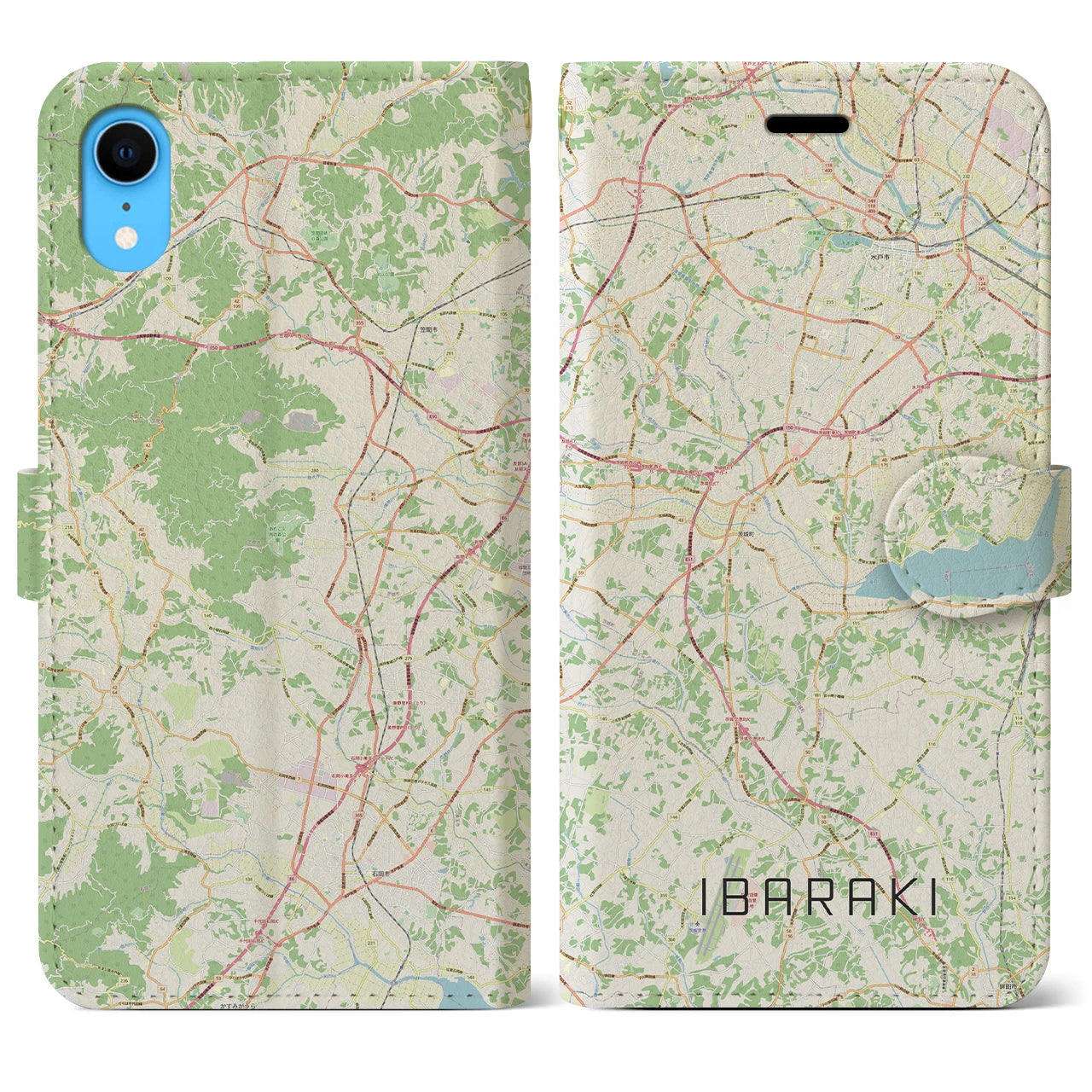 【茨城】地図柄iPhoneケース（手帳両面タイプ・ナチュラル）iPhone XR 用