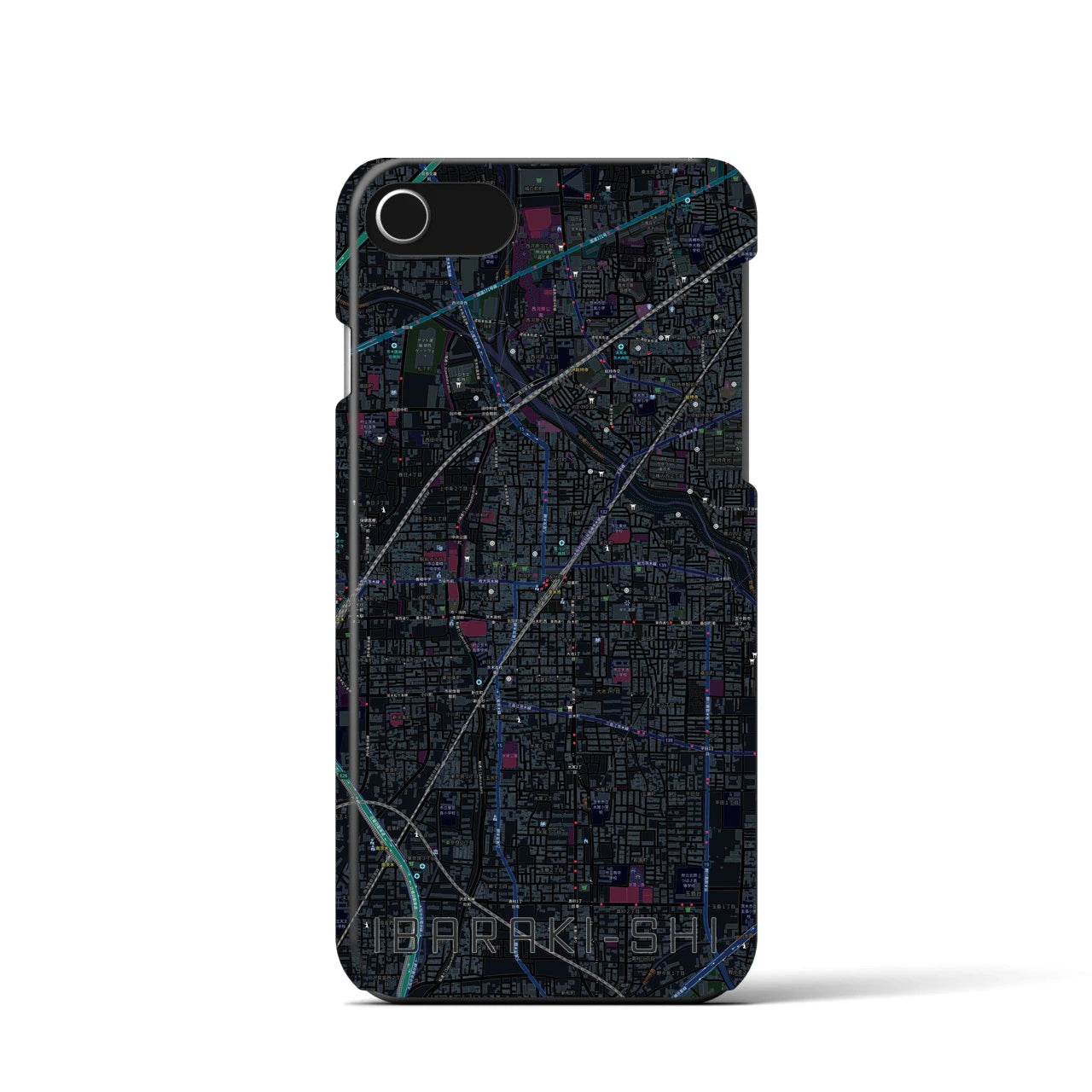 【茨木市】地図柄iPhoneケース（バックカバータイプ・ブラック）iPhone SE（第3 / 第2世代） / 8 / 7 / 6s / 6 用