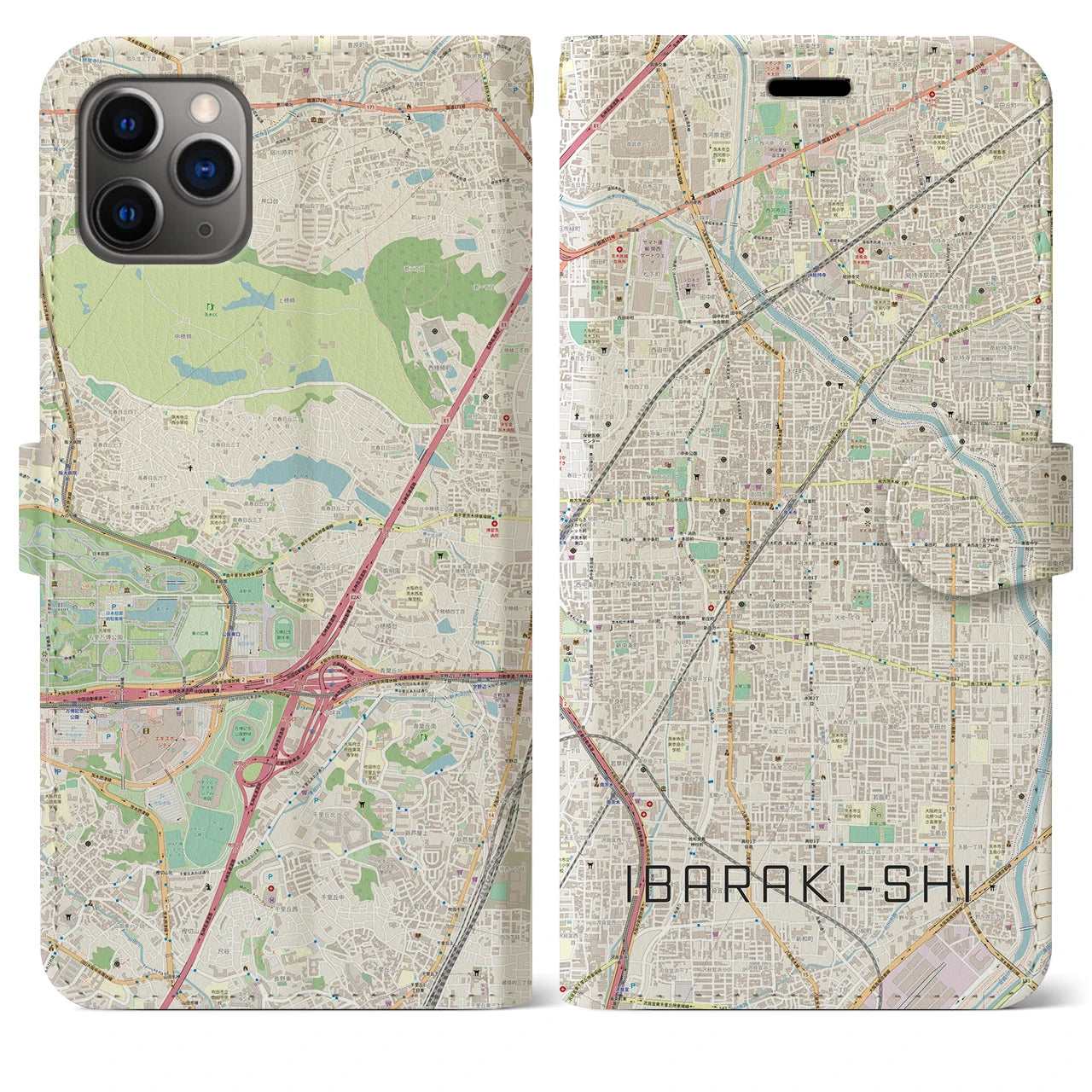 【茨木市】地図柄iPhoneケース（手帳両面タイプ・ナチュラル）iPhone 11 Pro Max 用