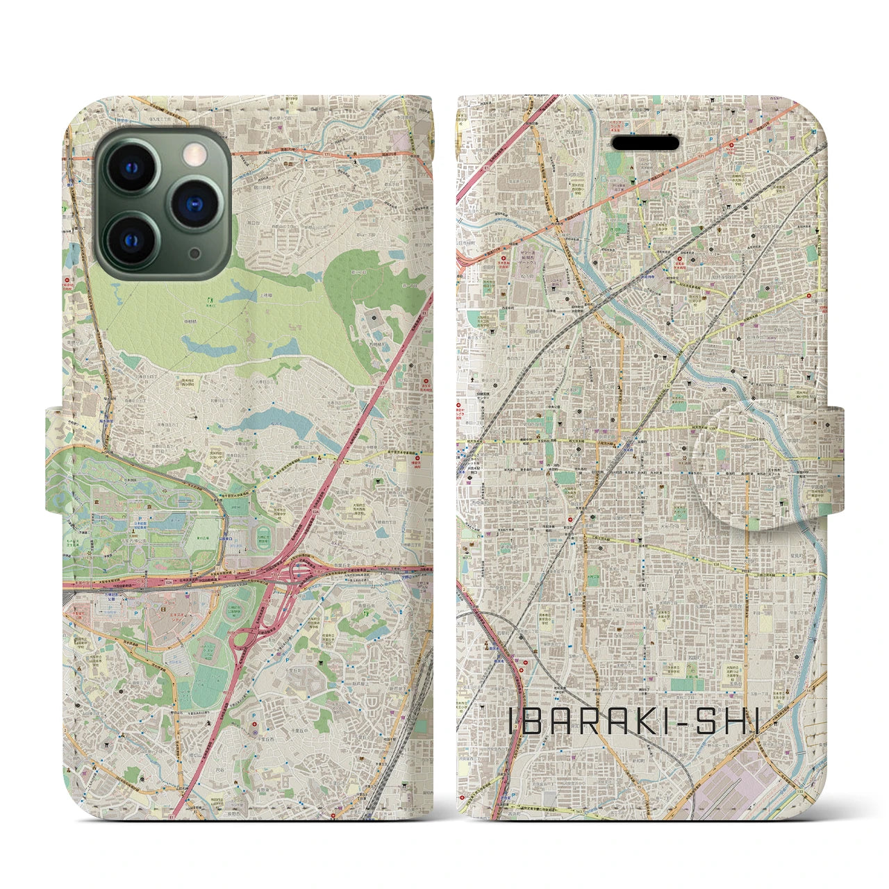 【茨木市】地図柄iPhoneケース（手帳両面タイプ・ナチュラル）iPhone 11 Pro 用
