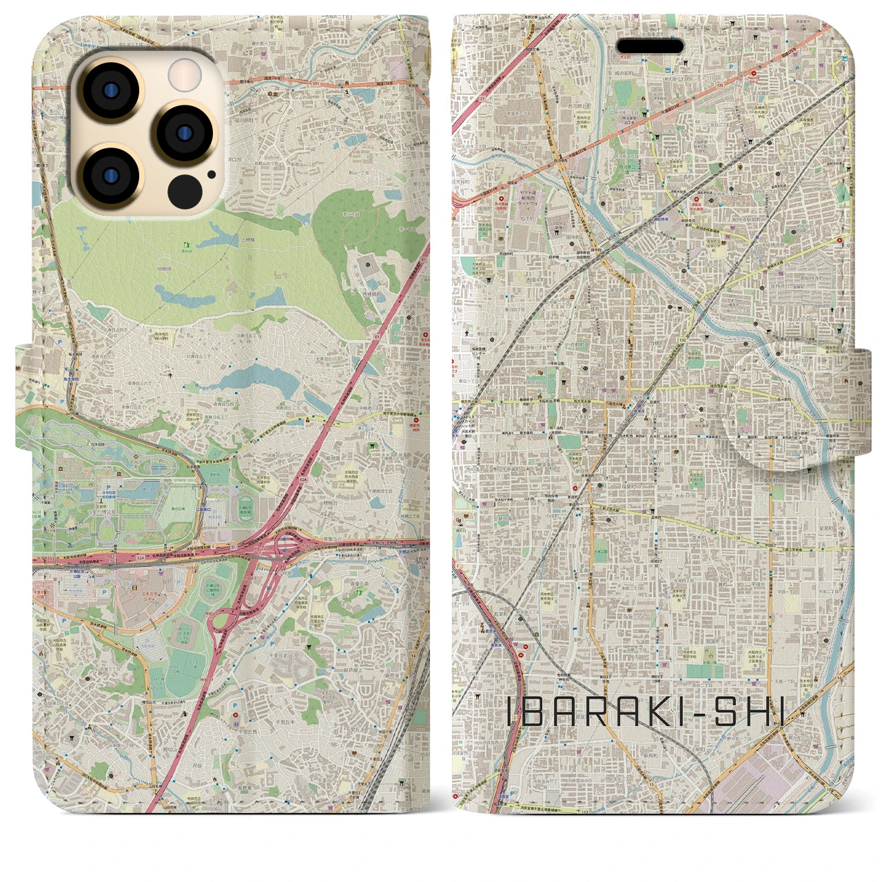 【茨木市】地図柄iPhoneケース（手帳両面タイプ・ナチュラル）iPhone 12 Pro Max 用