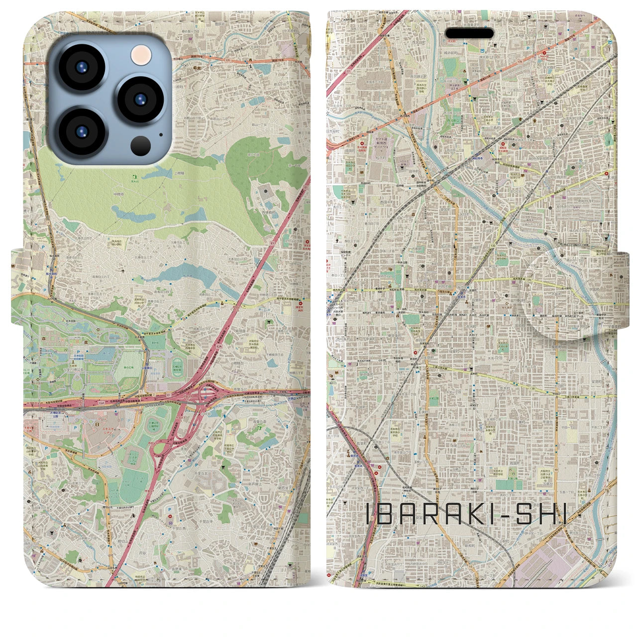 【茨木市】地図柄iPhoneケース（手帳両面タイプ・ナチュラル）iPhone 13 Pro Max 用