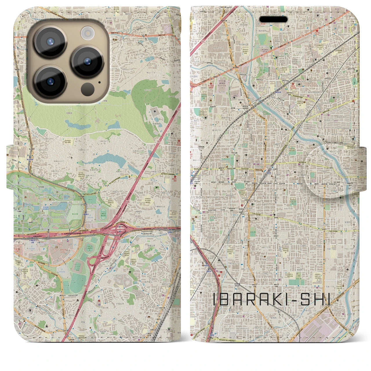 【茨木市】地図柄iPhoneケース（手帳両面タイプ・ナチュラル）iPhone 14 Pro Max 用