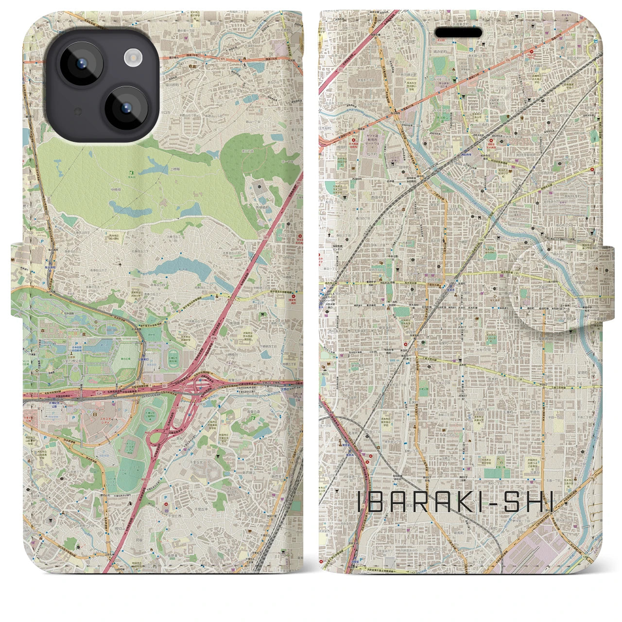 【茨木市】地図柄iPhoneケース（手帳両面タイプ・ナチュラル）iPhone 14 Plus 用