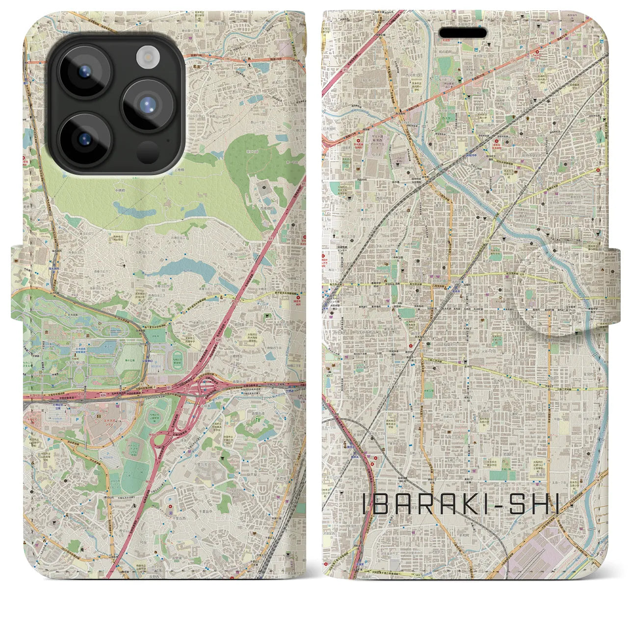 【茨木市】地図柄iPhoneケース（手帳両面タイプ・ナチュラル）iPhone 15 Pro Max 用