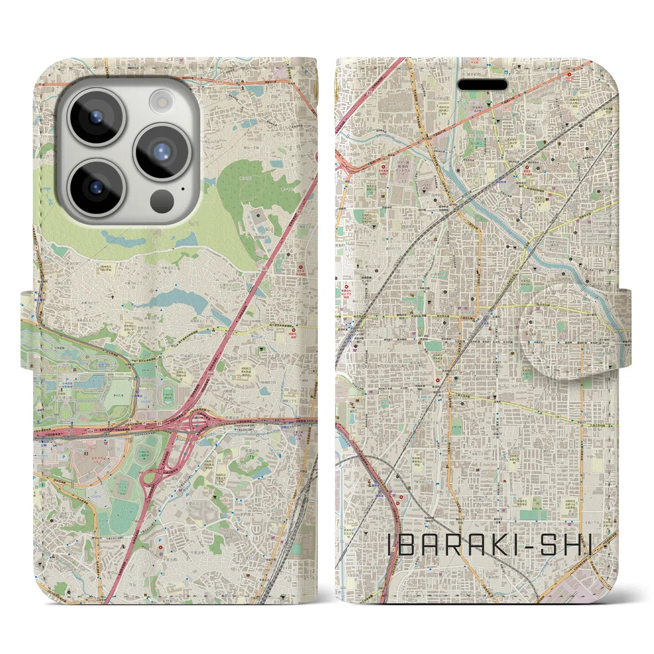 【茨木市】地図柄iPhoneケース（手帳両面タイプ・ナチュラル）iPhone 15 Pro 用
