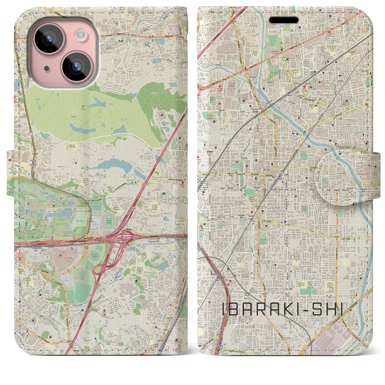 【茨木市】地図柄iPhoneケース（手帳両面タイプ・ナチュラル）iPhone 15 Plus 用