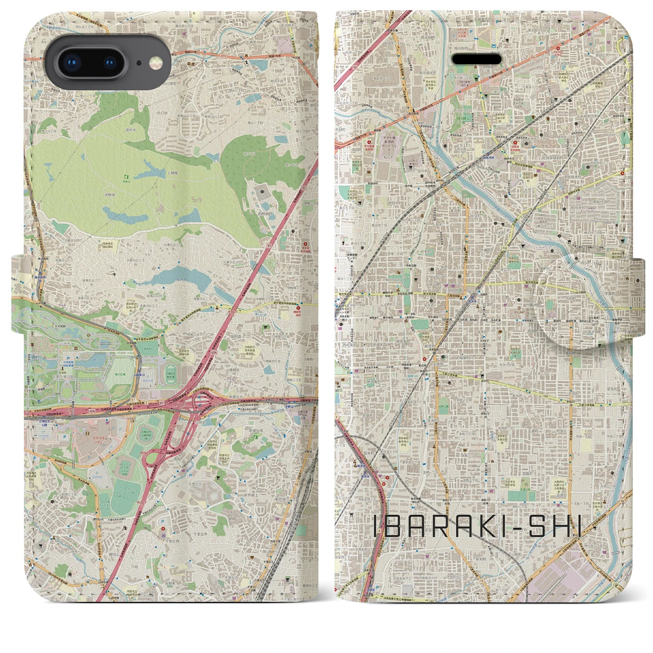 【茨木市】地図柄iPhoneケース（手帳両面タイプ・ナチュラル）iPhone 8Plus /7Plus / 6sPlus / 6Plus 用