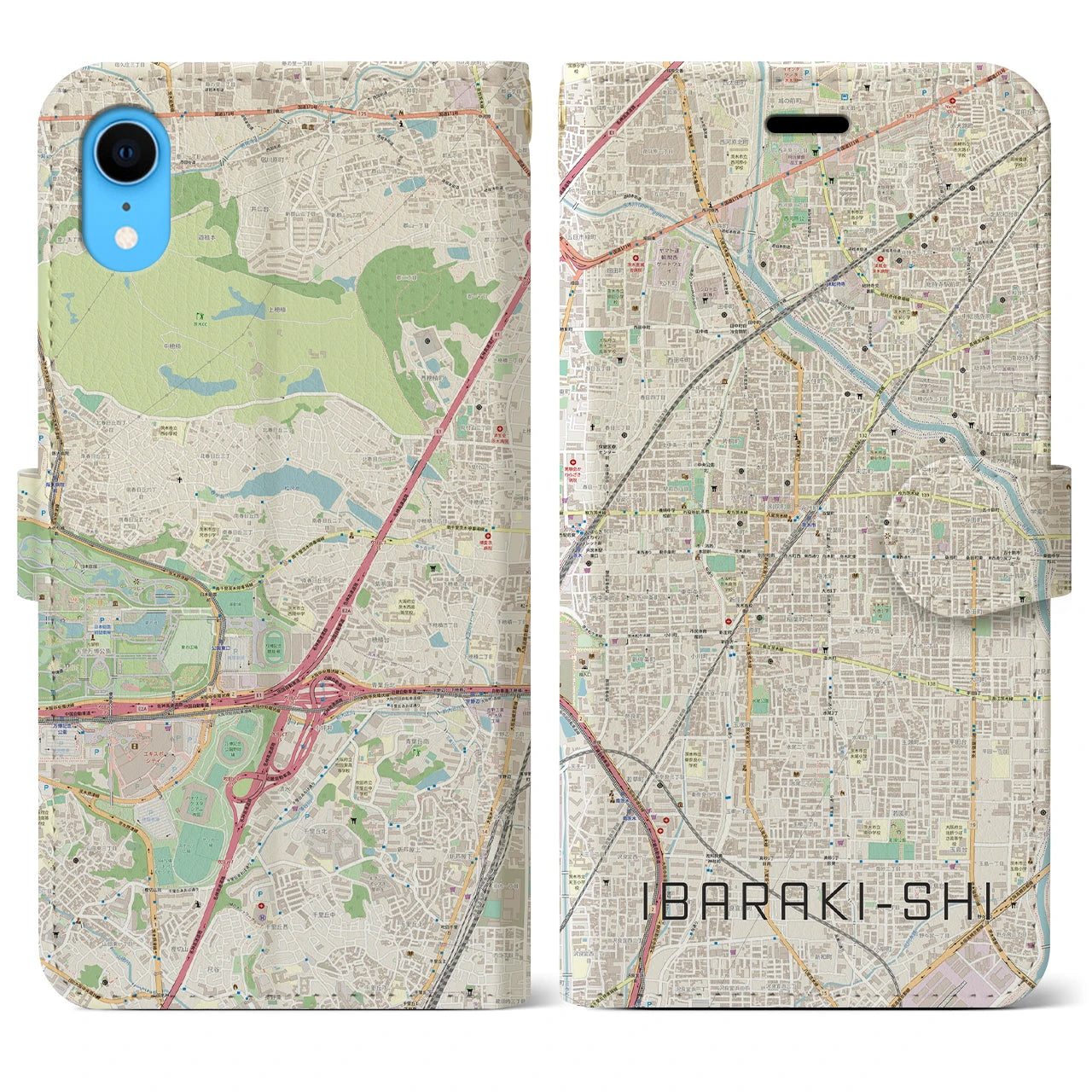 【茨木市】地図柄iPhoneケース（手帳両面タイプ・ナチュラル）iPhone XR 用