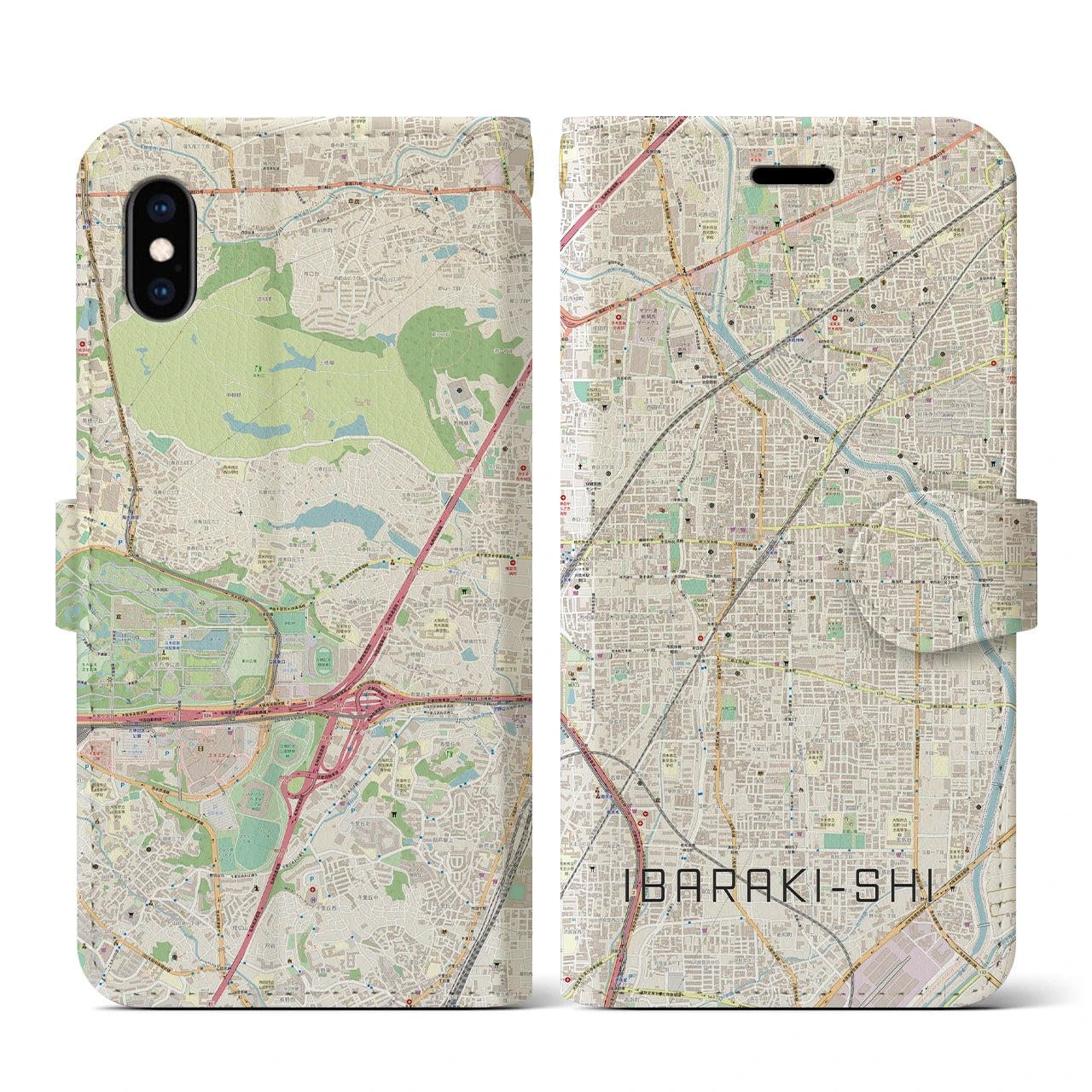 【茨木市】地図柄iPhoneケース（手帳両面タイプ・ナチュラル）iPhone XS / X 用