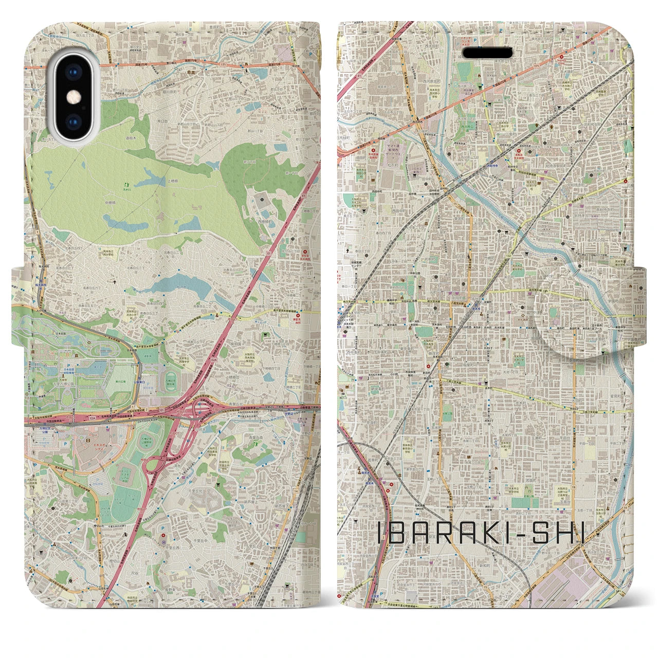 【茨木市】地図柄iPhoneケース（手帳両面タイプ・ナチュラル）iPhone XS Max 用