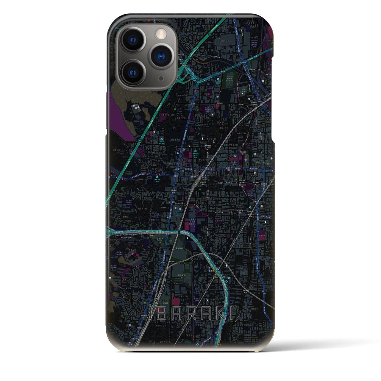【茨木】地図柄iPhoneケース（バックカバータイプ・ブラック）iPhone 11 Pro Max 用
