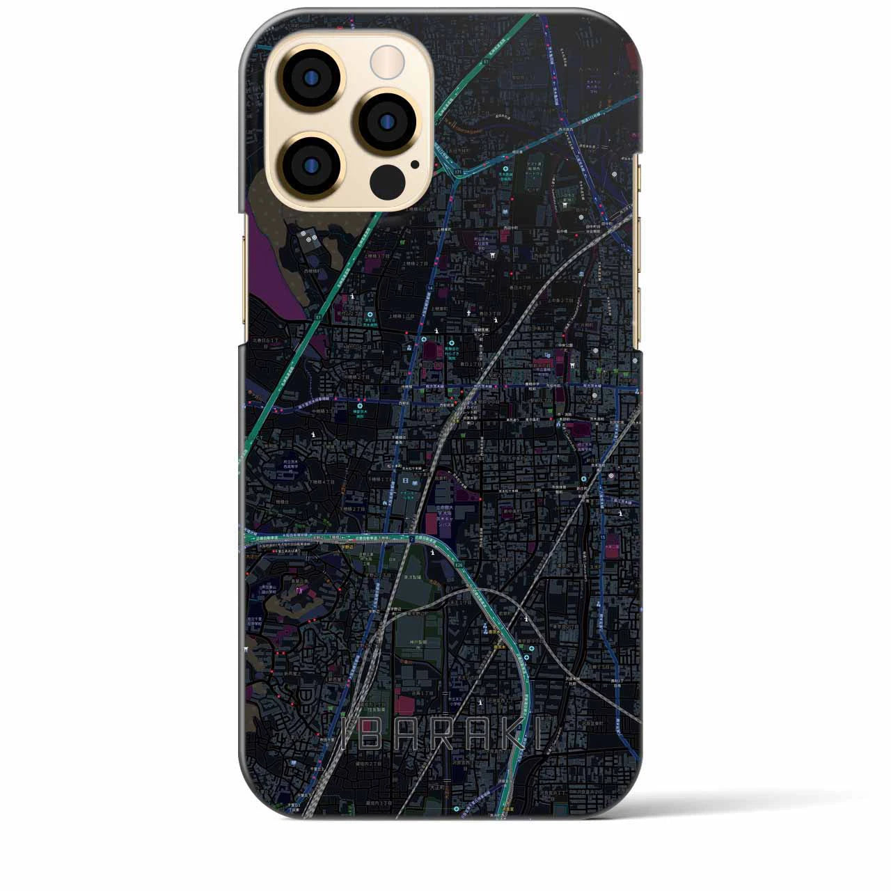 【茨木】地図柄iPhoneケース（バックカバータイプ・ブラック）iPhone 12 Pro Max 用