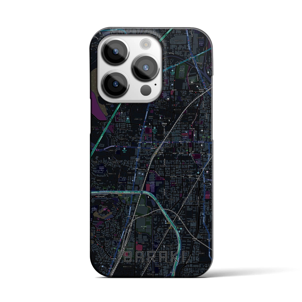 【茨木】地図柄iPhoneケース（バックカバータイプ・ブラック）iPhone 14 Pro 用