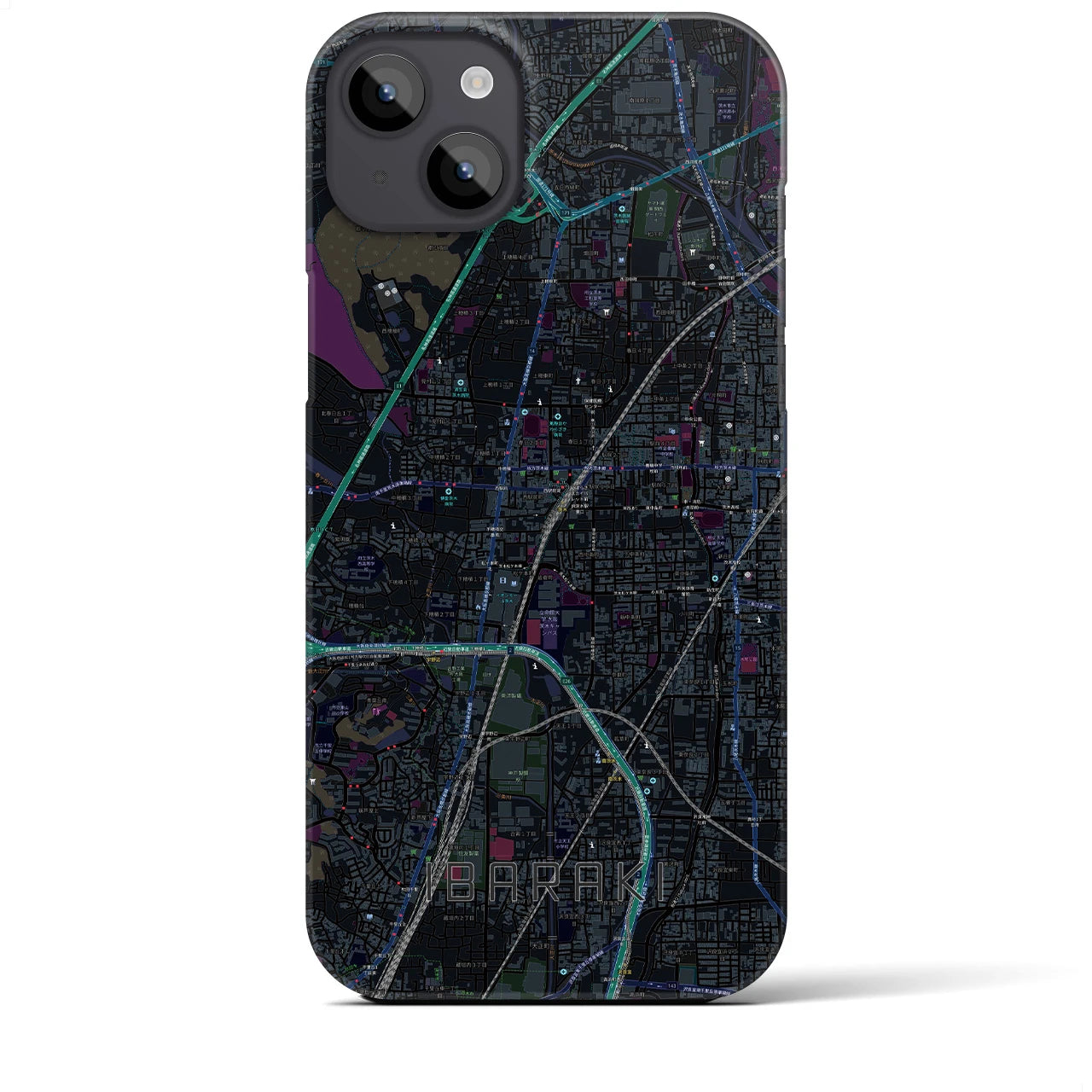 【茨木】地図柄iPhoneケース（バックカバータイプ・ブラック）iPhone 14 Plus 用