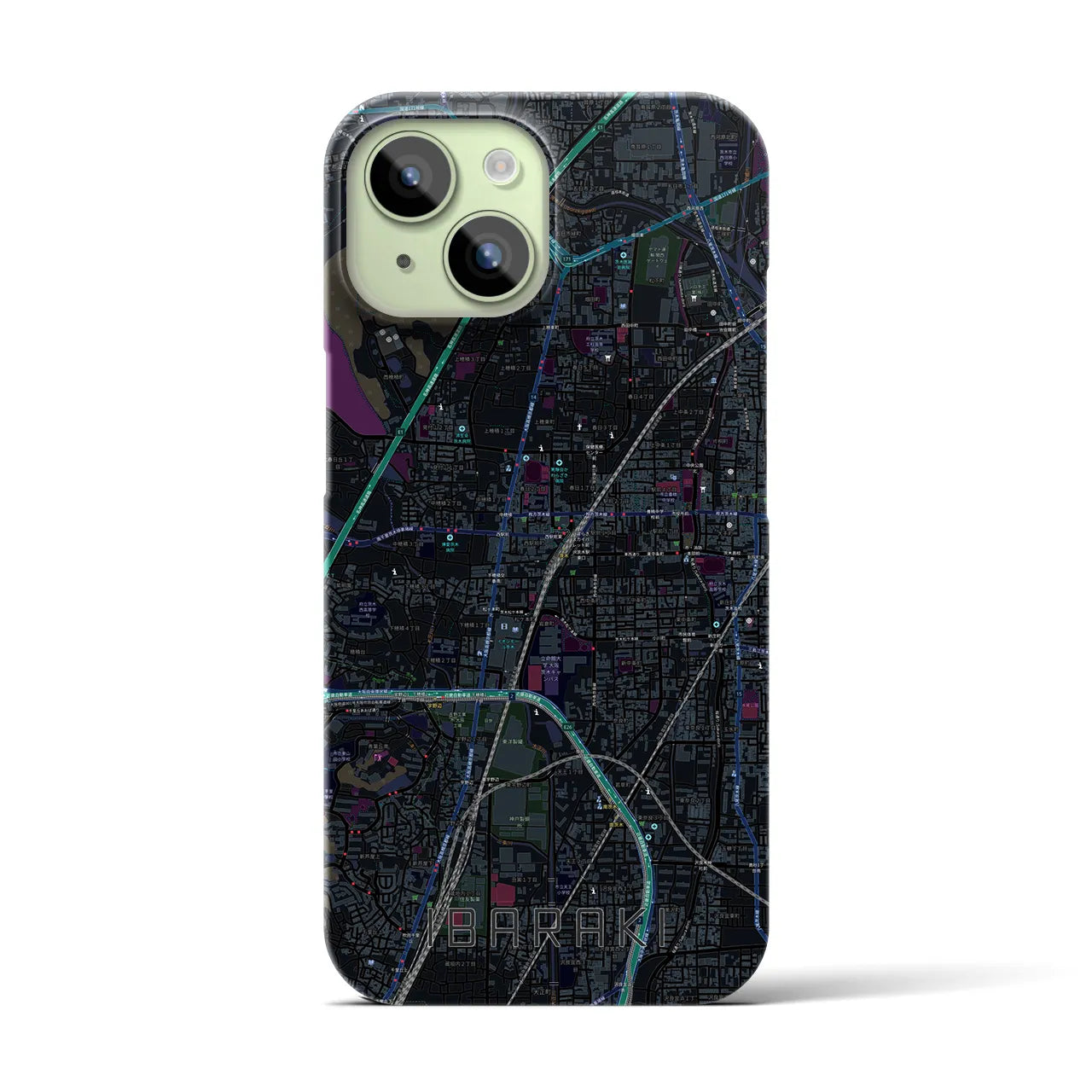 【茨木】地図柄iPhoneケース（バックカバータイプ・ブラック）iPhone 15 用