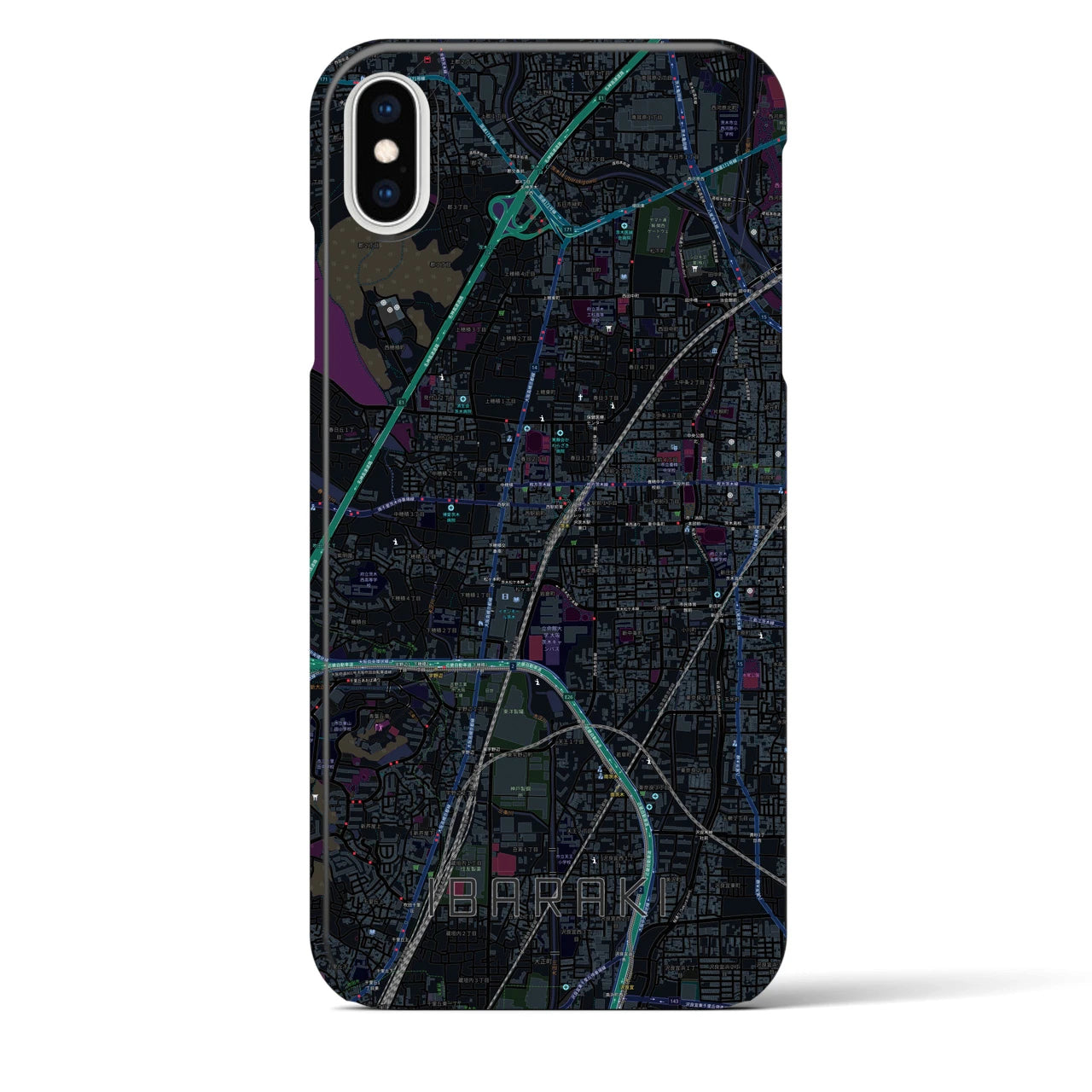 【茨木】地図柄iPhoneケース（バックカバータイプ・ブラック）iPhone XS Max 用