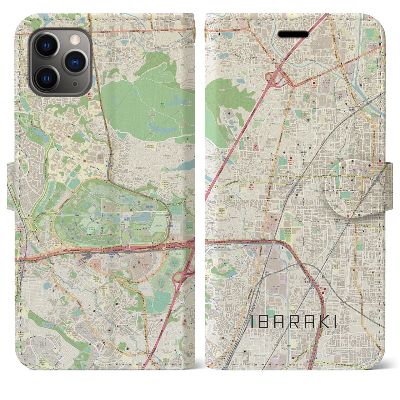 【茨木】地図柄iPhoneケース（手帳両面タイプ・ナチュラル）iPhone 11 Pro Max 用
