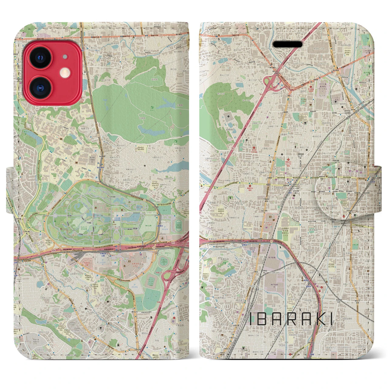【茨木】地図柄iPhoneケース（手帳両面タイプ・ナチュラル）iPhone 11 用
