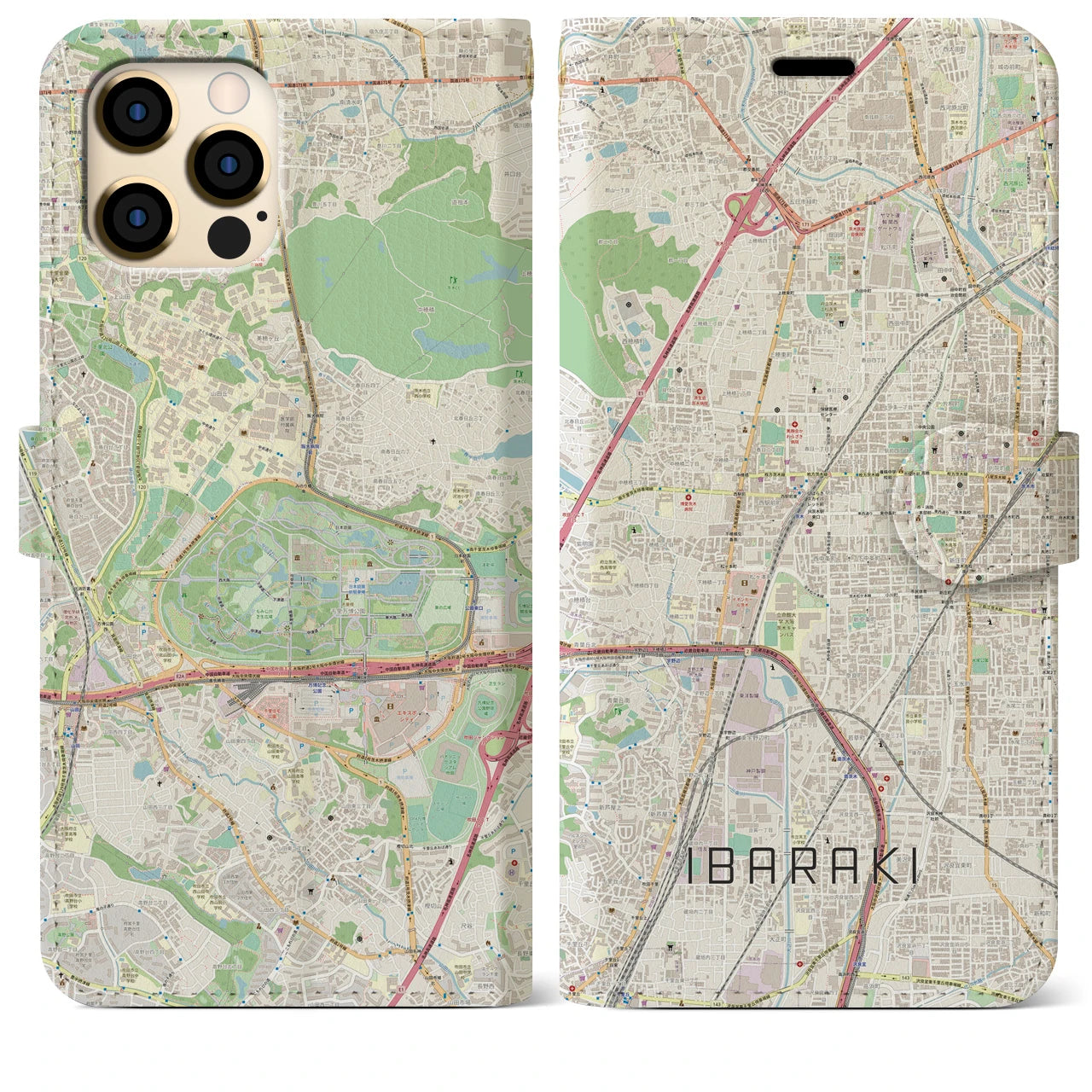 【茨木】地図柄iPhoneケース（手帳両面タイプ・ナチュラル）iPhone 12 Pro Max 用