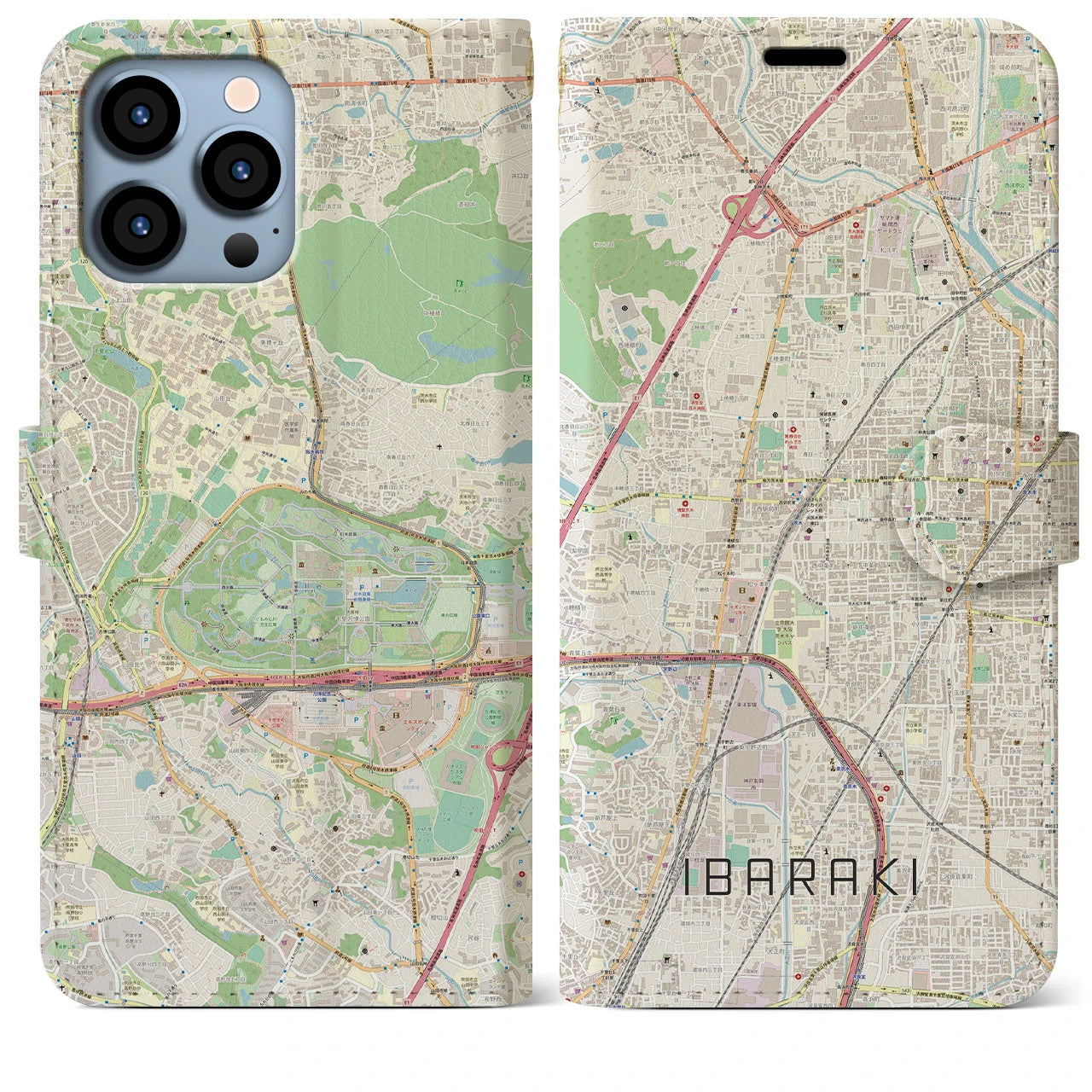 【茨木】地図柄iPhoneケース（手帳両面タイプ・ナチュラル）iPhone 13 Pro Max 用