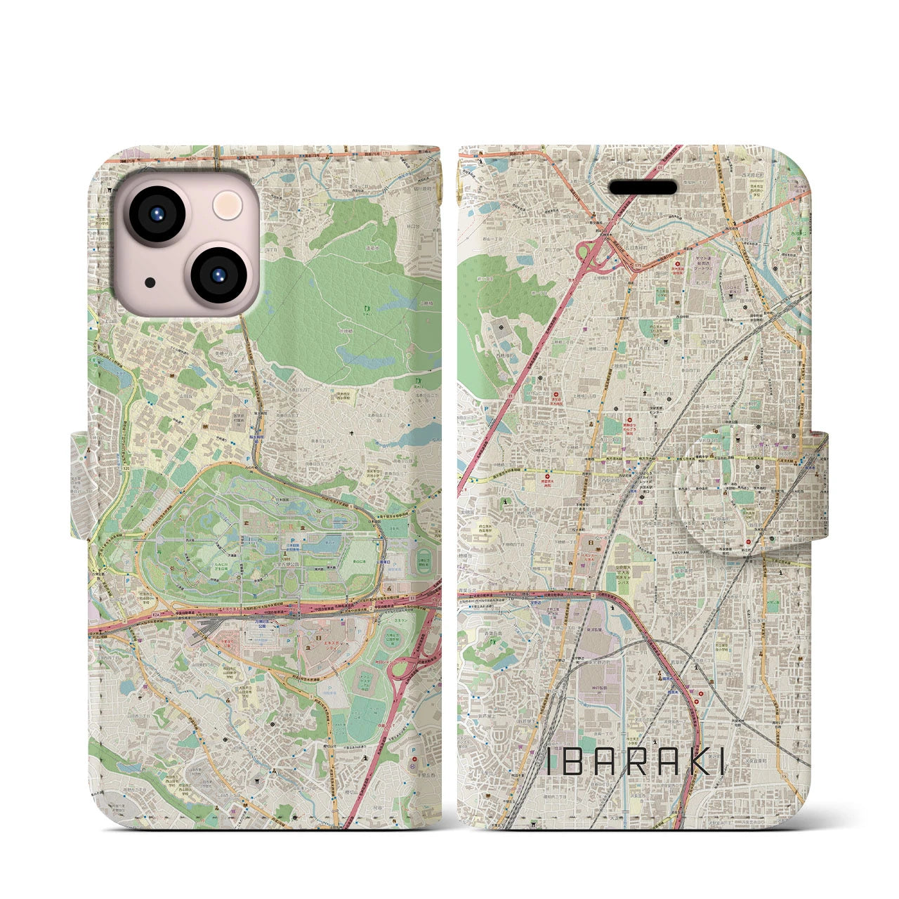 【茨木】地図柄iPhoneケース（手帳両面タイプ・ナチュラル）iPhone 13 mini 用