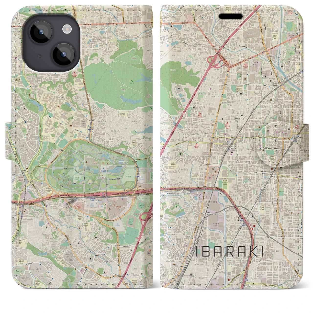【茨木】地図柄iPhoneケース（手帳両面タイプ・ナチュラル）iPhone 14 Plus 用