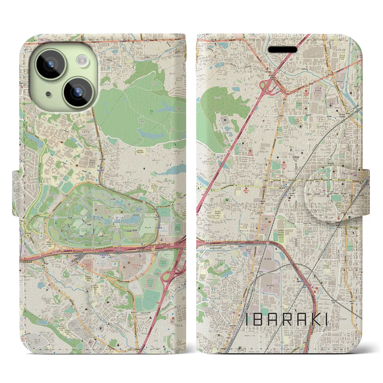 【茨木】地図柄iPhoneケース（手帳両面タイプ・ナチュラル）iPhone 15 用