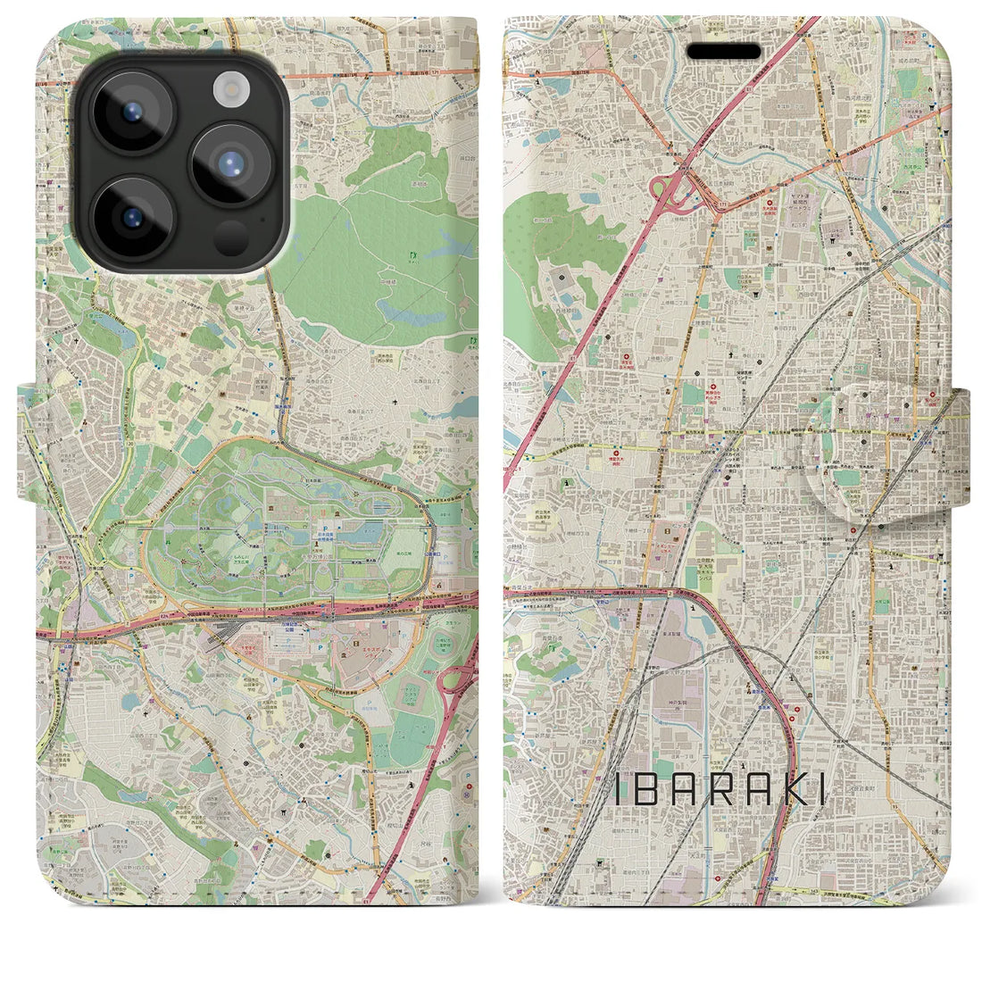 【茨木】地図柄iPhoneケース（手帳両面タイプ・ナチュラル）iPhone 15 Pro Max 用