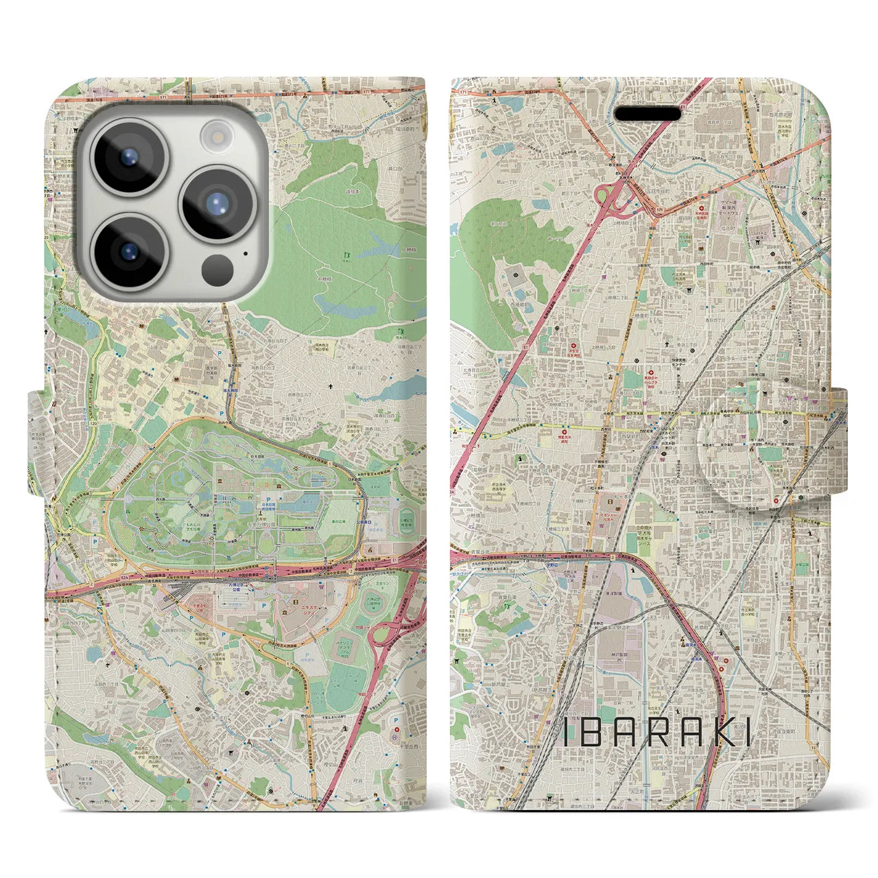 【茨木】地図柄iPhoneケース（手帳両面タイプ・ナチュラル）iPhone 15 Pro 用