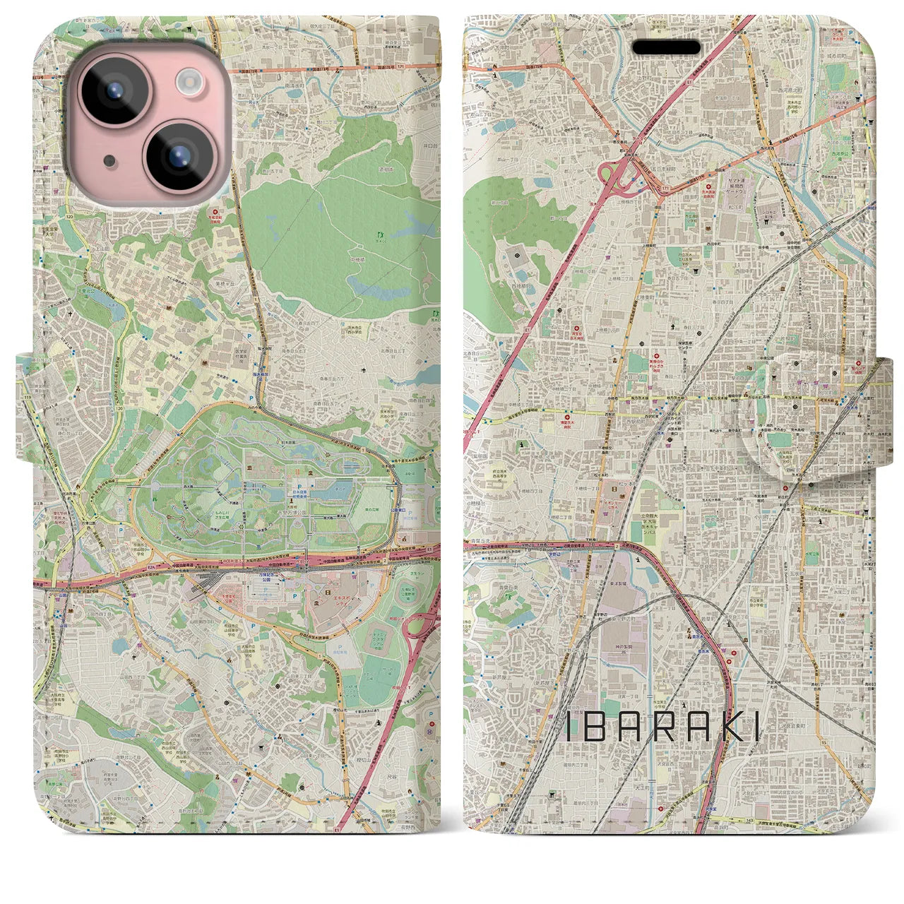 【茨木】地図柄iPhoneケース（手帳両面タイプ・ナチュラル）iPhone 15 Plus 用